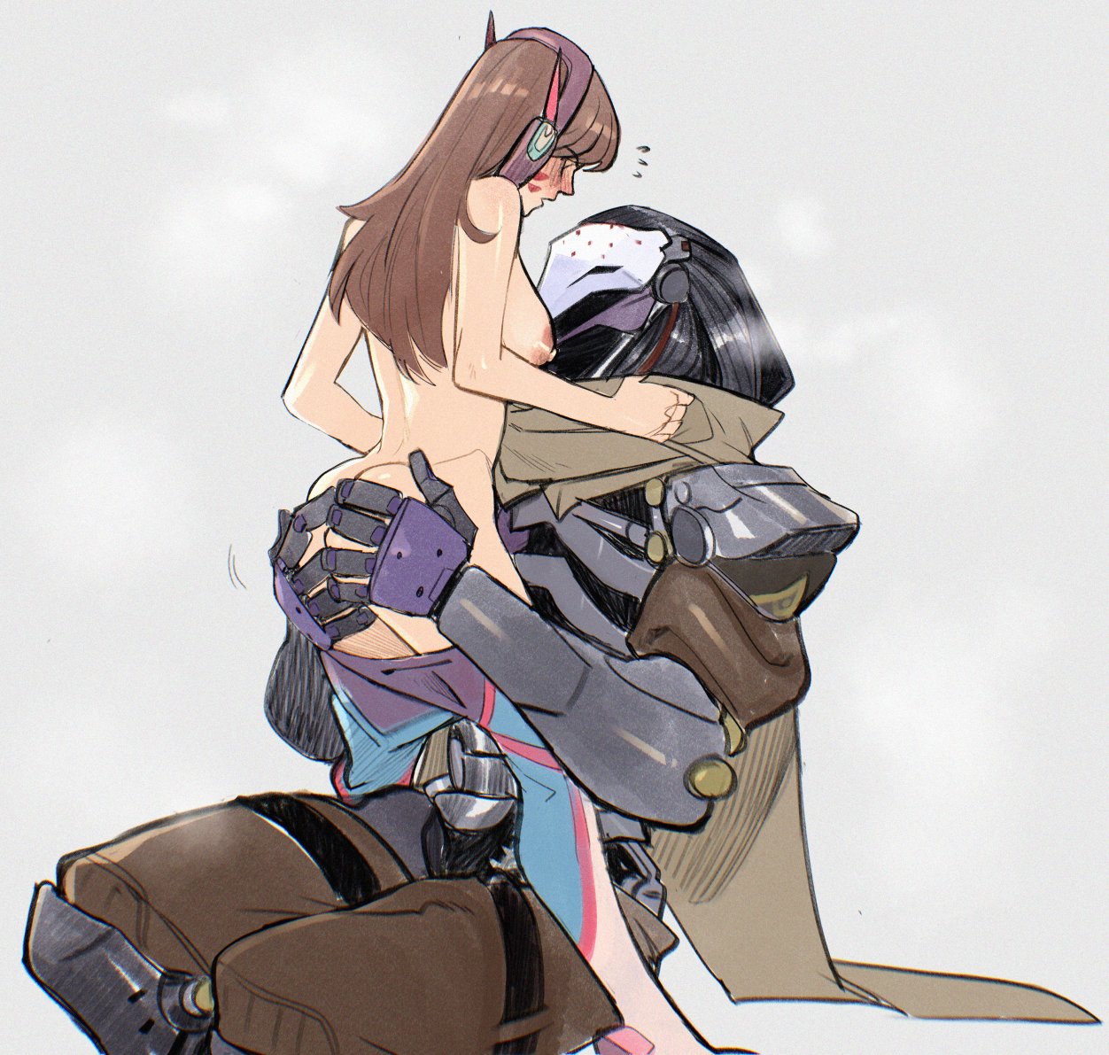 1boy, 1girls, big breasts, blush, bodysuit, brown hair, clothes removed, d.va, female, gamer girl, gaming headset, hands on ass, headset, kukumomo, light skin, light-skinned female, long hair, male, nude, omnic, overwatch, ramattra, size difference, slim waist, small ass