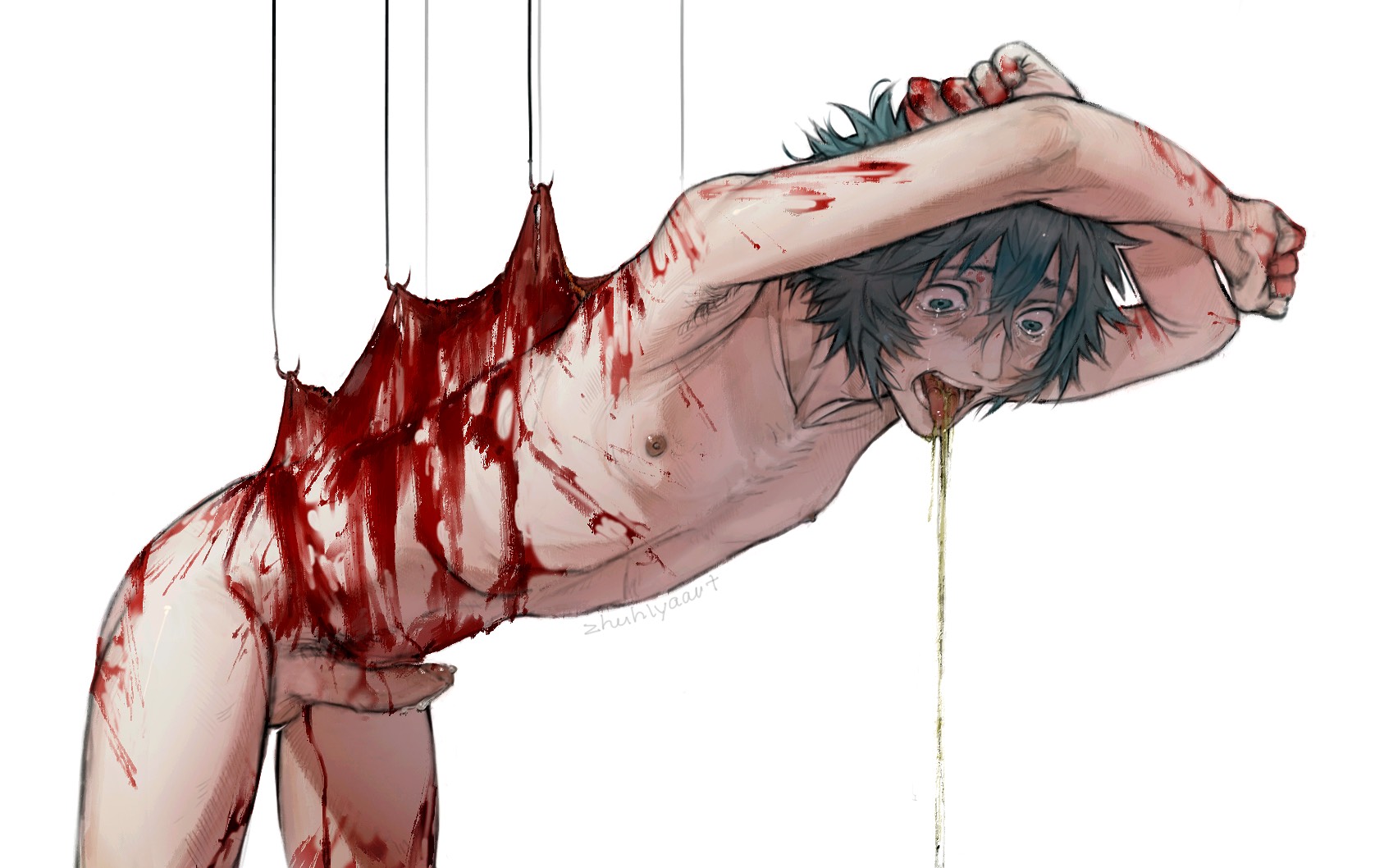 blood, blood drip, blood splatter, blood stain, bloody penis, blue eyes, blue hair, boy, cum, cum drip, ejaculation, fear, fluffy hair, gore, gore focus, hair, hair between eyes, hook, kimi ga shine, male, male focus, male ryona, naked, naked male, nausea, pain, painful, penis, shin tsukimi, shocked, skinny, solo, solo focus, standing, tears, tears of pain, twink, vomit, vomiting, wide eyed, your turn to die, yttd