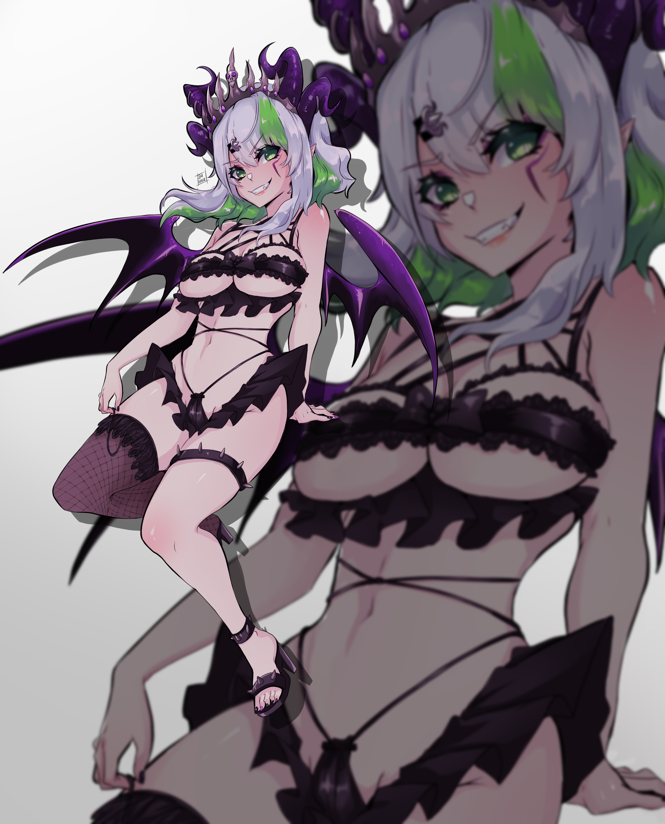 1girls, artist name, artist signature, bare shoulders, belly button, big breasts, black nails, black toenails, bra, breasts, cheek markings, chest harness, cleavage, close-up, covered pussy, eyelashes, fangs, feet, female, female only, fishnet legwear, fishnet thighhighs, fishnets, foot up, frilled bra, frilled skirt, frilled thighhighs, frills, froot, green eyes, green hair, grey hair, grin, hairclip, harness, heels, high heels, horn piercing, horns, indie virtual youtuber, large breasts, leaning, leaning back, lingerie, lingerie only, lips, long sidelocks, looking at viewer, midriff, multicolored hair, multiple views, nail polish, naughty face, navel, open mouth, painted nails, painted toenails, pale skin, pale-skinned female, panties, parted bangs, piercing, pointy ears, purple nails, purple toenails, pussy, pussy visible through clothes, pussy visible through panties, revealing clothes, seductive, seductive look, seductive pose, seductive smile, sexy, sexy pose, short hair, sidelocks, signature, sitting, skirt, slim waist, smile, solo, starsnoir, strappy heels, teeth, thick thighs, thigh squish, thigh strap, thighhighs, thighs, thong, tiara, toeless footwear, toes, two-tone hair, underwear, vagina, virtual youtuber, vtuber, wide hips, wings
