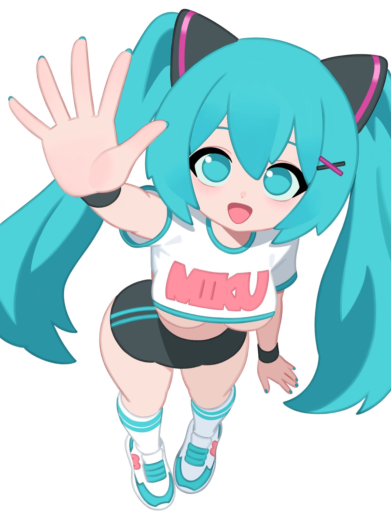 1girl, aqua eyes, aqua hair, aqua nails, bangs, blue eyes, breasts, clothes writing, crop top, cropped shirt, foreshortening, from above, hair between eyes, hair ornament, hatsune miku, highres, hochihochiha, hochihochihavocaloid, leotard, long hair, looking at viewer, looking up, medium breasts, nail polish, open mouth, shirt, shoes, short sleeves, shorts, simple background, smile, smiling at viewer, sneakers, socks, solo, standing, twintails, underboob, very long hair, viewed from above, waving, waving at viewer, white background, white shirt, white socks, wristband, x hair ornament