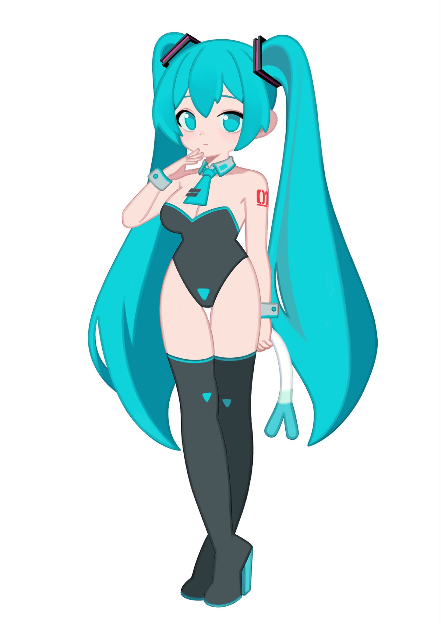 1girl, aqua eyes, aqua hair, aqua necktie, bangs, bare shoulders, black footwear, black leotard, black thighhighs, boots, breasts, cleavage, closed mouth, cute, detached collar, female, food, full body, hand up, hatsune miku, high heels, hochihochiha, hochihochihavocaloid, holding, holding food, holding vegetable, large breasts, leotard, long hair, looking at viewer, medium breasts, necktie, number tattoo, playboy bunny, shoulder tattoo, simple background, solo, spring onion, standing, strapless, strapless leotard, tattoo, thigh boots, thigh gap, thighhighs, twintails, vegetable, very long hair, white background, wrist cuffs