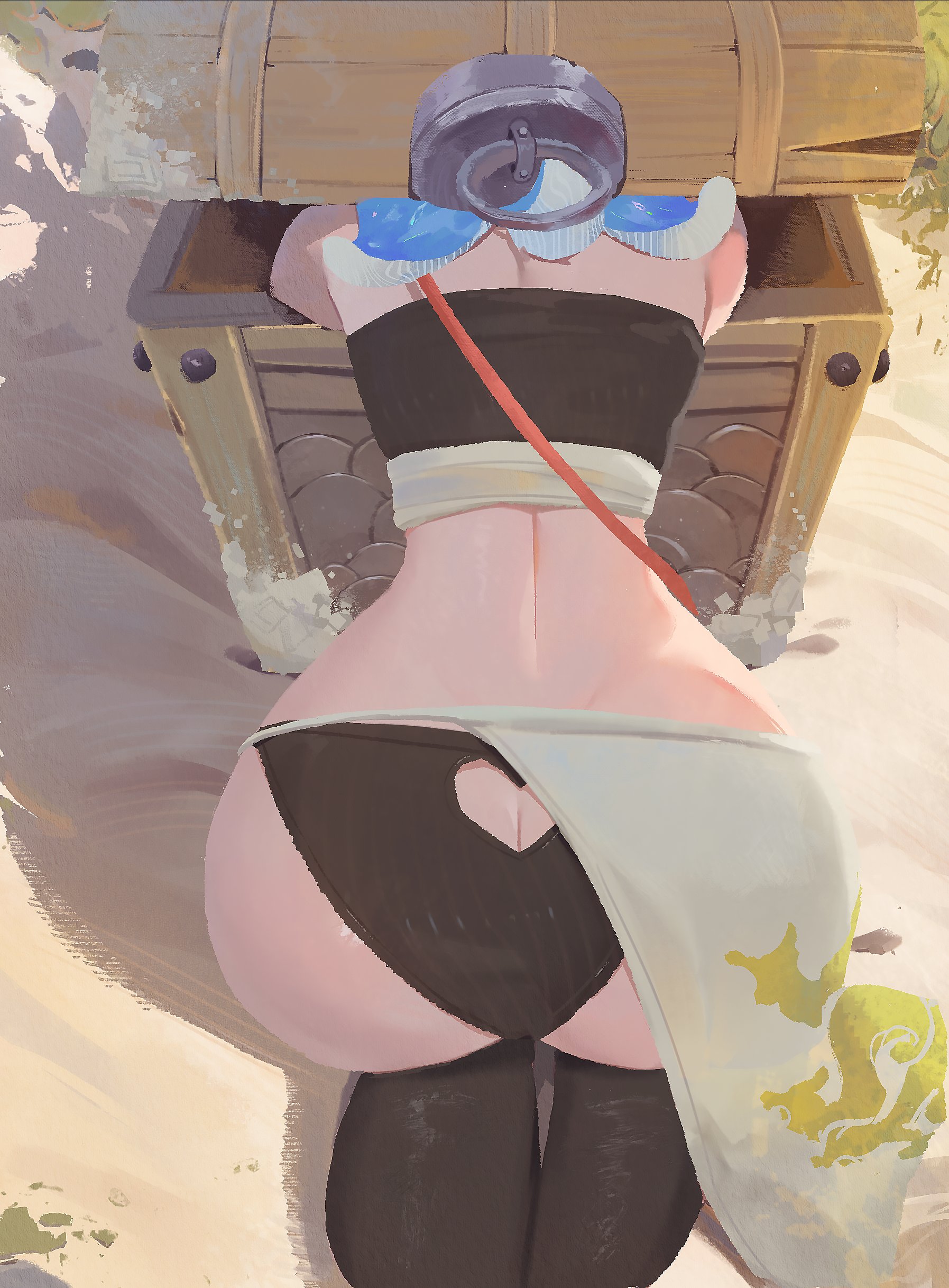 1girls, absurdres, all fours, ass, ass cutout, ass focus, back, beach, bikini, black bikini, black thighhighs, black tube top, blue hair, butt crack, clothing cutout, dimples of venus, female, female focus, from behind, heart cutout, highres, median furrow, nintendo, octoling, octoling girl, outdoors, sand, sarashi, sarong, shiver (splatoon), shiver hohojiro, solo, solo female, splatoon, splatoon (series), splatoon raiders, strapless, stuck, stuck in a box, stuck in object, swimsuit, tentacle hair, thighhighs, treasure chest, tube top, white sarong, zhang tian57284