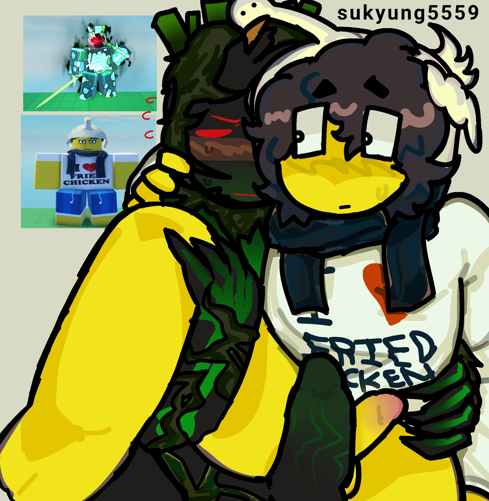 1x1x1x1, 1x1x1x1 (forsaken), 2boys, artist name, balls, bottomless, bottomless male, brown hair, dicks touching, forsaken (roblox), gay, holding leg up, penis, pitch-black skin, red eyes, reference image, roblox, roblox game, robloxian, self upload, shedletsky, shedletsky (forsaken), sukyung5559, watermark, yellow skin