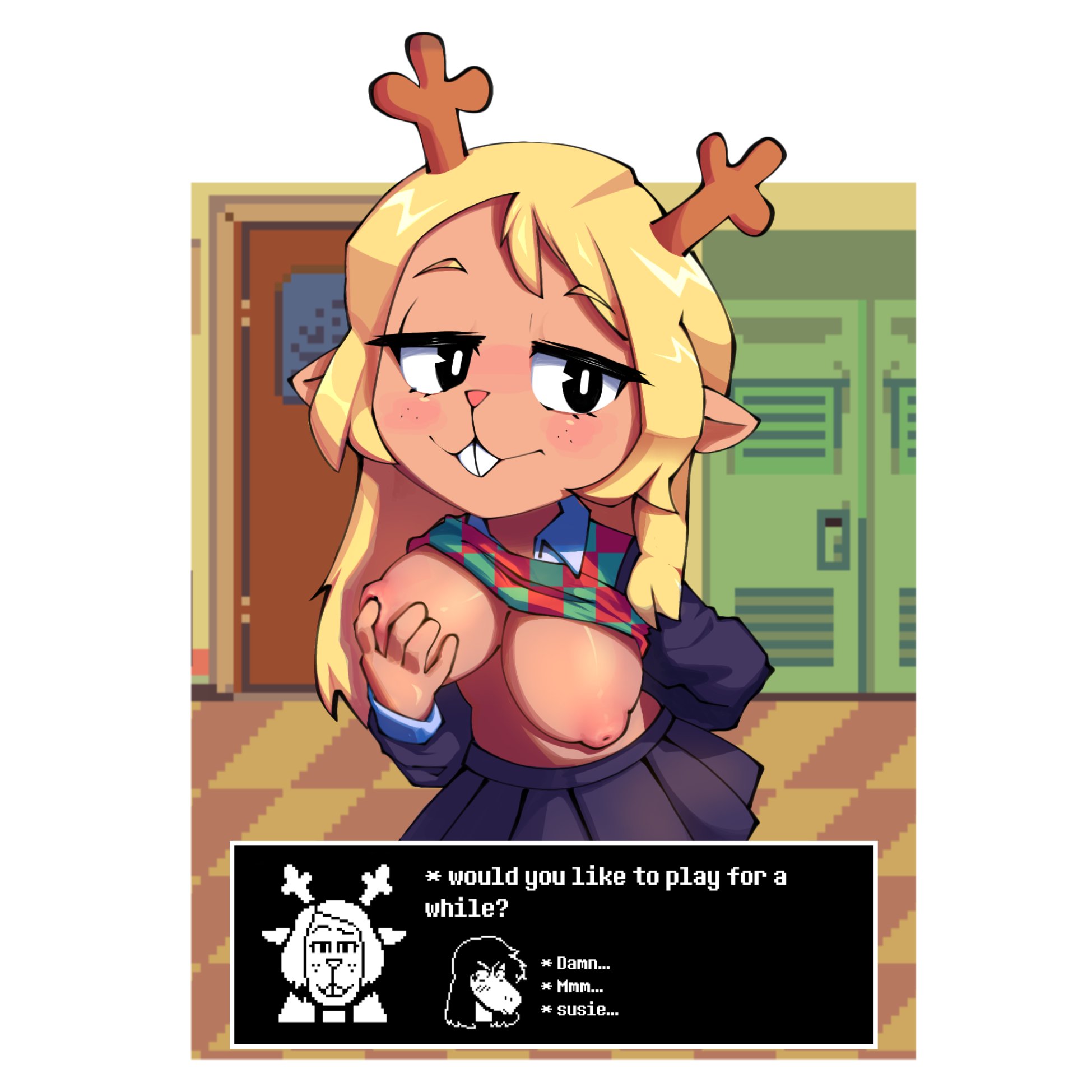 1girls, 2023, 2d, anthro, anthro female, anthro only, artist unknown, blonde female, blonde hair, breast grab, breast squeeze, breasts, breasts out, dark skin, dark-skinned female, deer, deer girl, deltarune, english, english text, female, female only, furry, furry female, furry only, horns, humanoid, humanoid female, humanoid only, inviting to sex, looking at viewer, mammal, mammal humanoid, nipples, noelle holiday, old art, quetachend0, school uniform, schoolgirl, solo, source request, susie (deltarune), tagme, text, undertale (series), unknown artist, unknown source