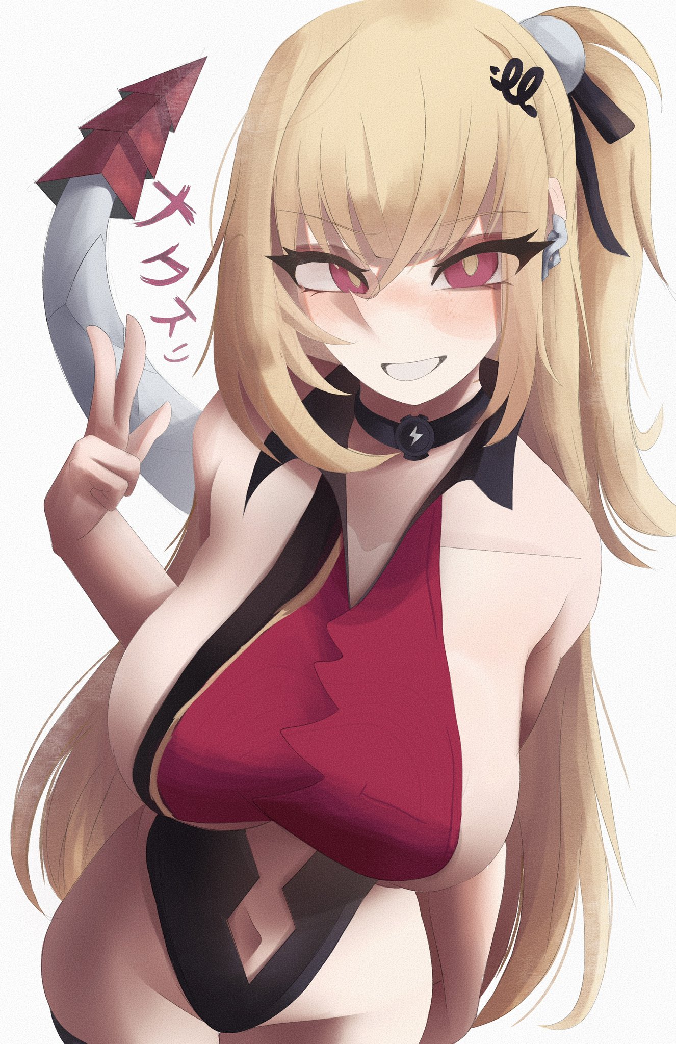 1girls, bare shoulders, black choker, blonde hair, breasts, choker, cissia (zenless zone zero), female, female only, first porn of character, large breasts, long hair, looking at viewer, navel, naxless, red eyes, side ponytail, simple background, snake girl, snake tail, solo, solo female, solo focus, translation request, white background, zenless zone zero