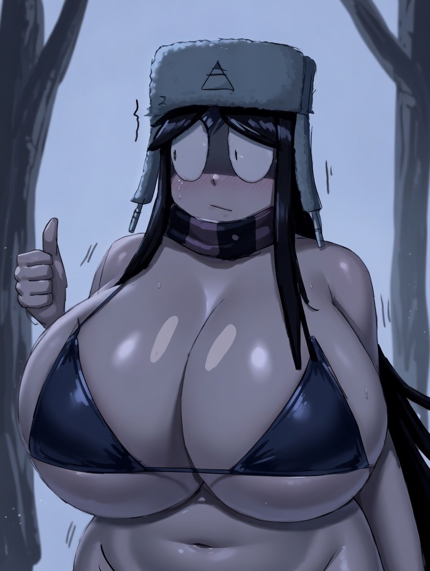 1girls, ai assisted, ai generated, aiden (kaaatie), barely clothed, barely contained breasts, big breasts, bra, breasts bigger than head, emotionless, female, fundamental paper education, kaaatie, katieverse, momiji (artist), pale skin, pale-skinned female, put some clothes on its fucking freezing, snow, swimwear, thumbs up, ushanka