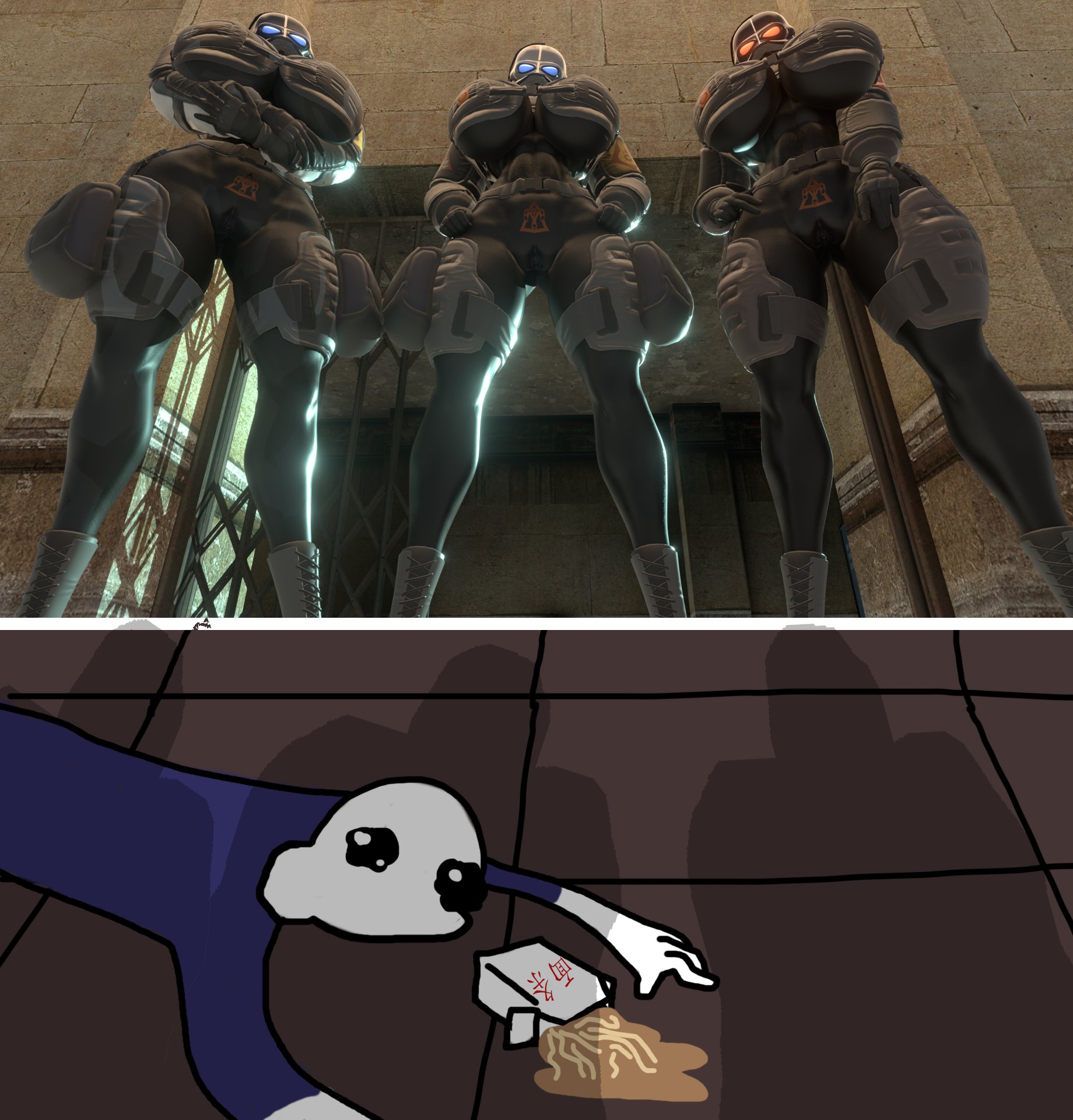 1boys, 3girls, armored female, big breasts, branded, breasts, combine (half-life series), combine soldier (half-life series), combine tattoo, dominant female, femdom, gas mask, half-life (series), half-life 2, half-life: alyx, imminent sex, looking, looking down, masked, masked female, meme, ovum with heart, pubic tattoo, pussy, size difference, tagme, thick thighs, thighs, vagina, vanilla1145