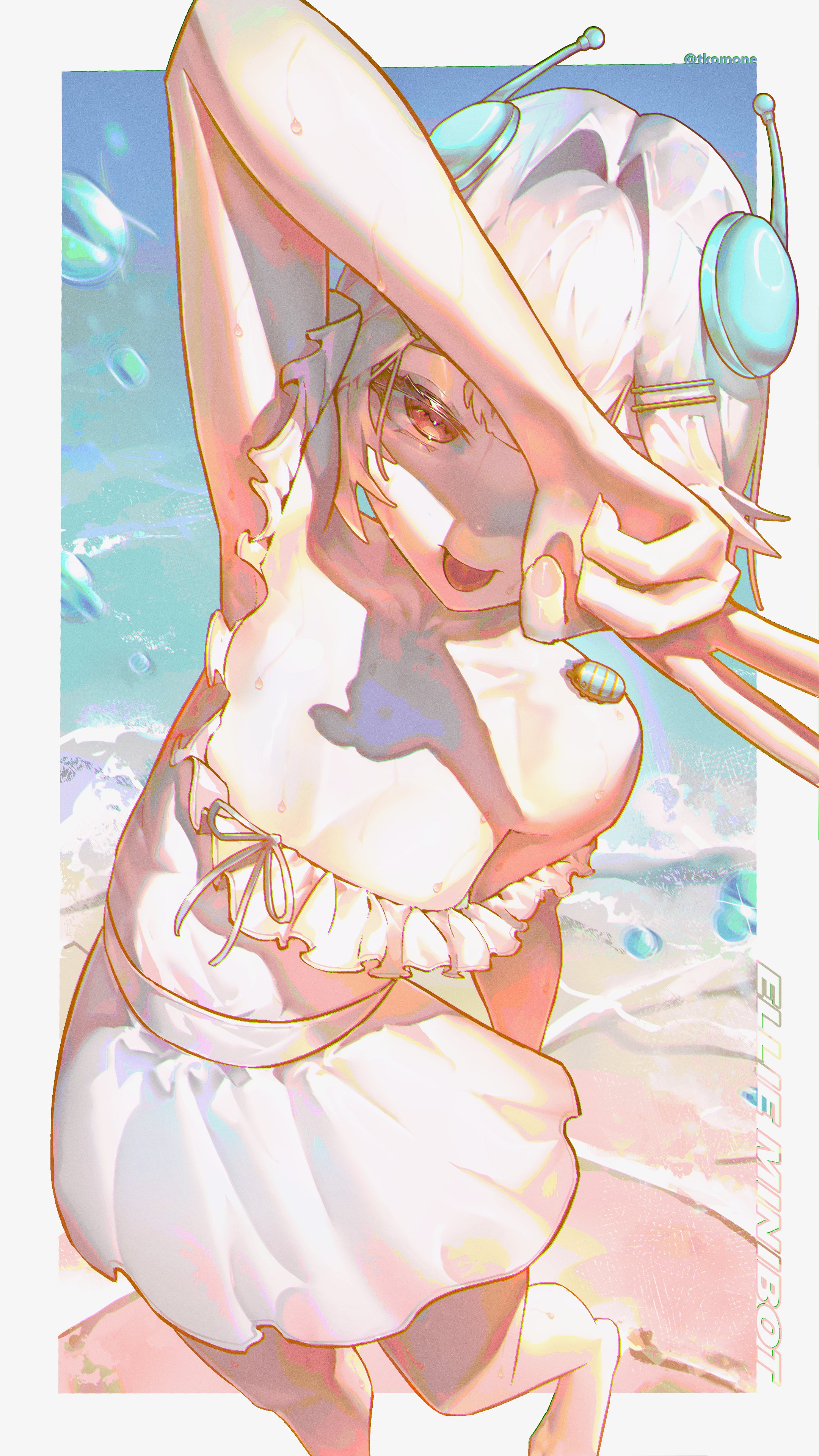 1girls, absurdres, antennae, bare shoulders, beach, breasts, codebug (ellie minibot), dress, ellie minibot, female, flat chest, flat chested, hair ornament, hashtag-only commentary, highres, indie virtual youtuber, legs, outdoors, radio antenna, red eyes, ribbon, short hair, small breasts, tkom, tkomone, tongue, tongue out, v, virtual youtuber, vtuber, water, white dress, white hair