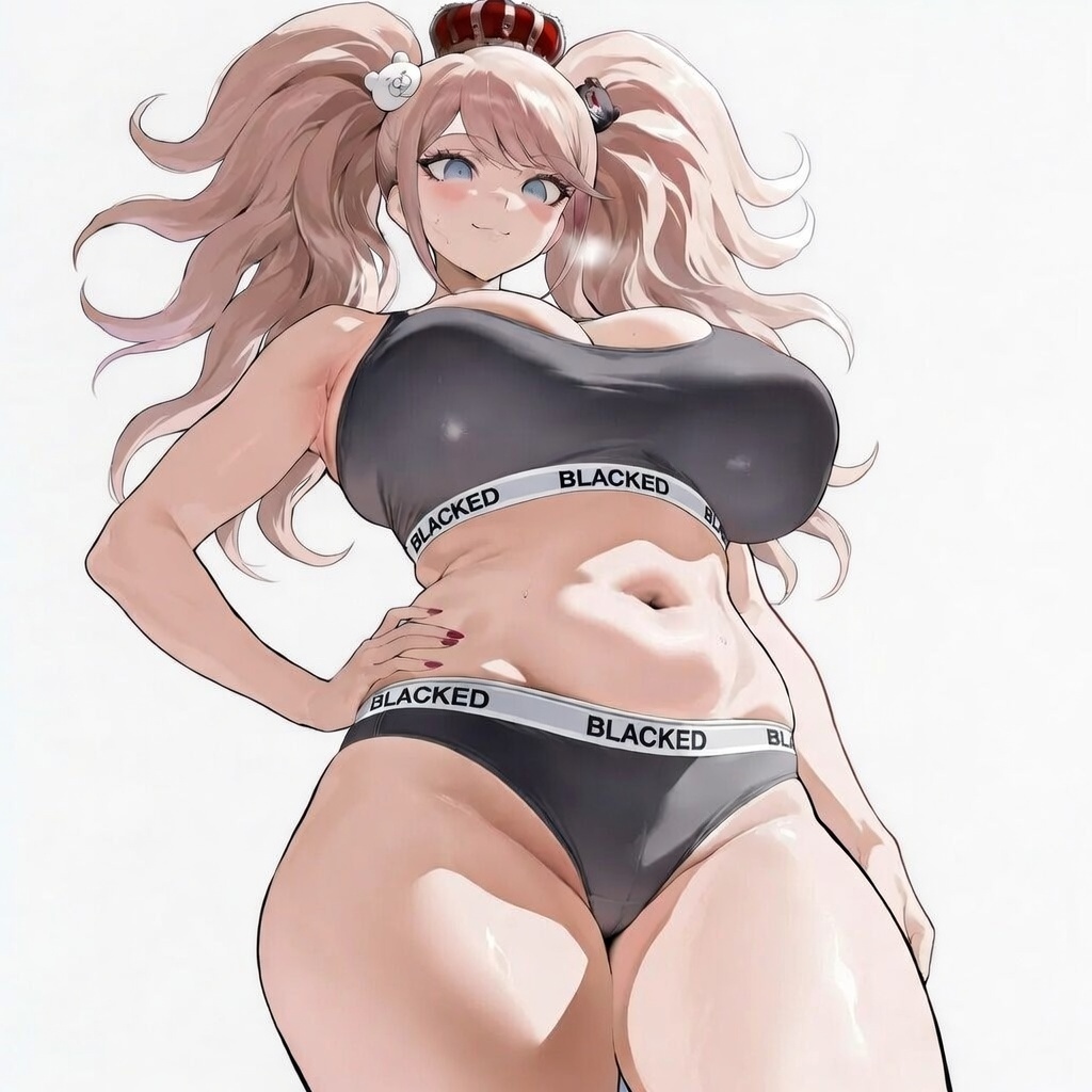 ai generated, big breasts, black panties, blacked, blacked clothing, blonde hair, blue eyes, bra, breasts, crown, curvy, danganronpa, danganronpa: trigger happy havoc, hand on hip, huge breasts, junko enoshima, kyoko chan3, panties, sexy bitch, sexy body, sexy clothing, snowbunny, thick, tummy, twintails, underwear, underwear only, white background, wide hips