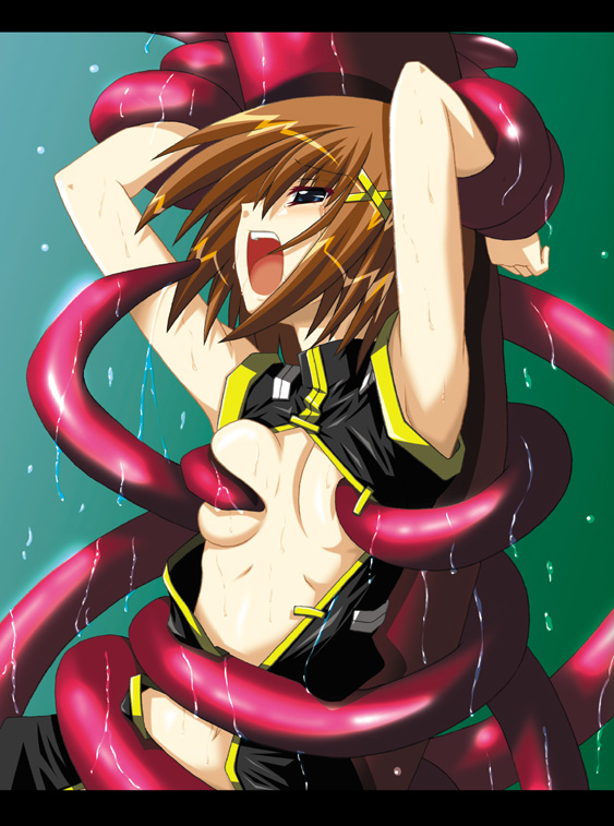 ambiguous_penetration armpits female fumihiro hayate_yagami human letterboxed lyrical_nanoha mahou_shoujo_lyrical_nanoha mahou_shoujo_lyrical_nanoha_strikers open_mouth tentacle tentacles_under_clothes