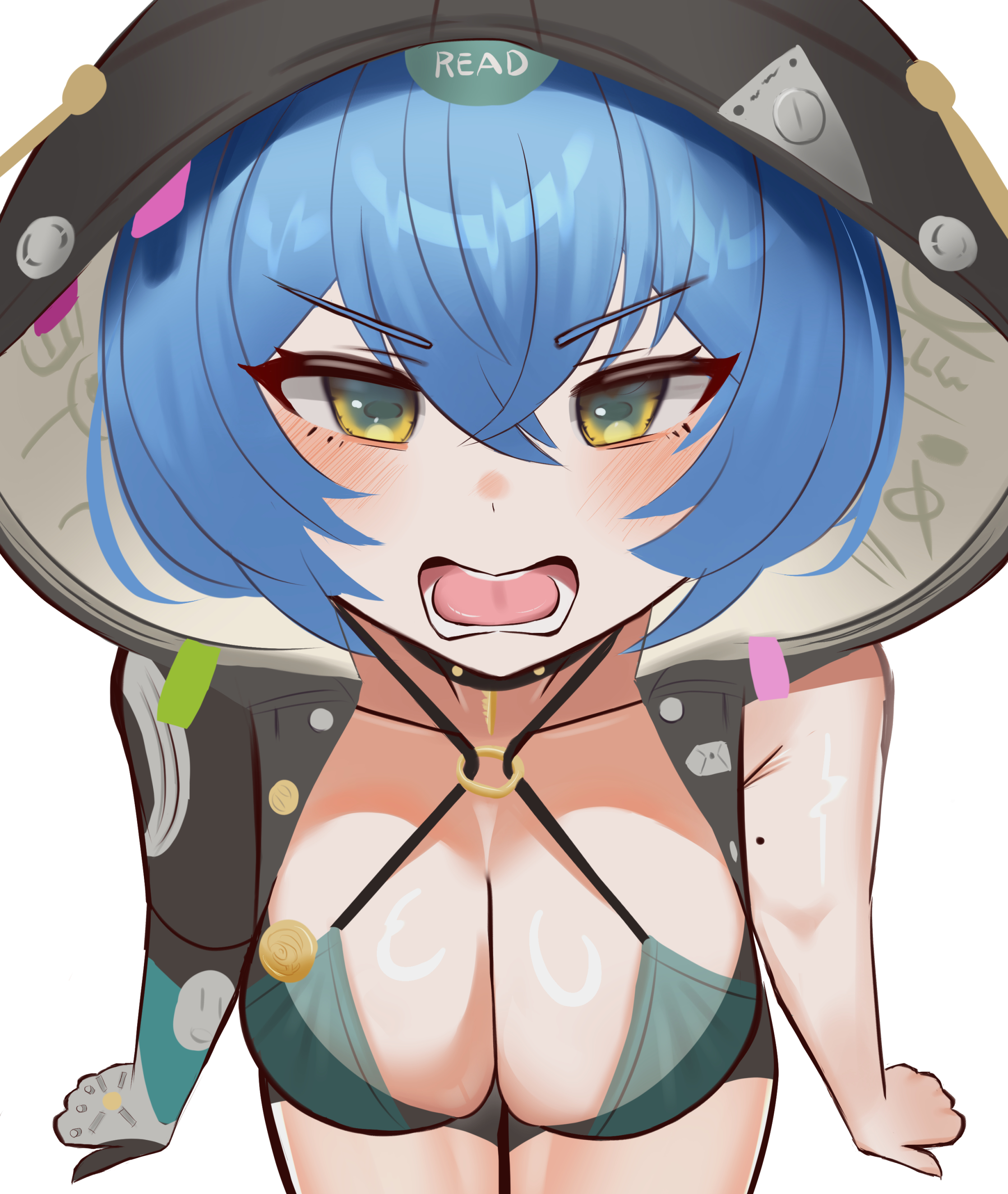 1girl, absurdres, black unitard, blue hair, blush, breasts, choker, cleavage, collarbone, commentary request, goat eyes, goat girl, green eyes, hair between eyes, highres, hood, hood up, large breasts, leaning forward, looking at viewer, lucia elowen, open mouth, short hair, simple background, solo, teeth, tongue, upper body, upper teeth only, white background, yellow eyes, zenless zone zero