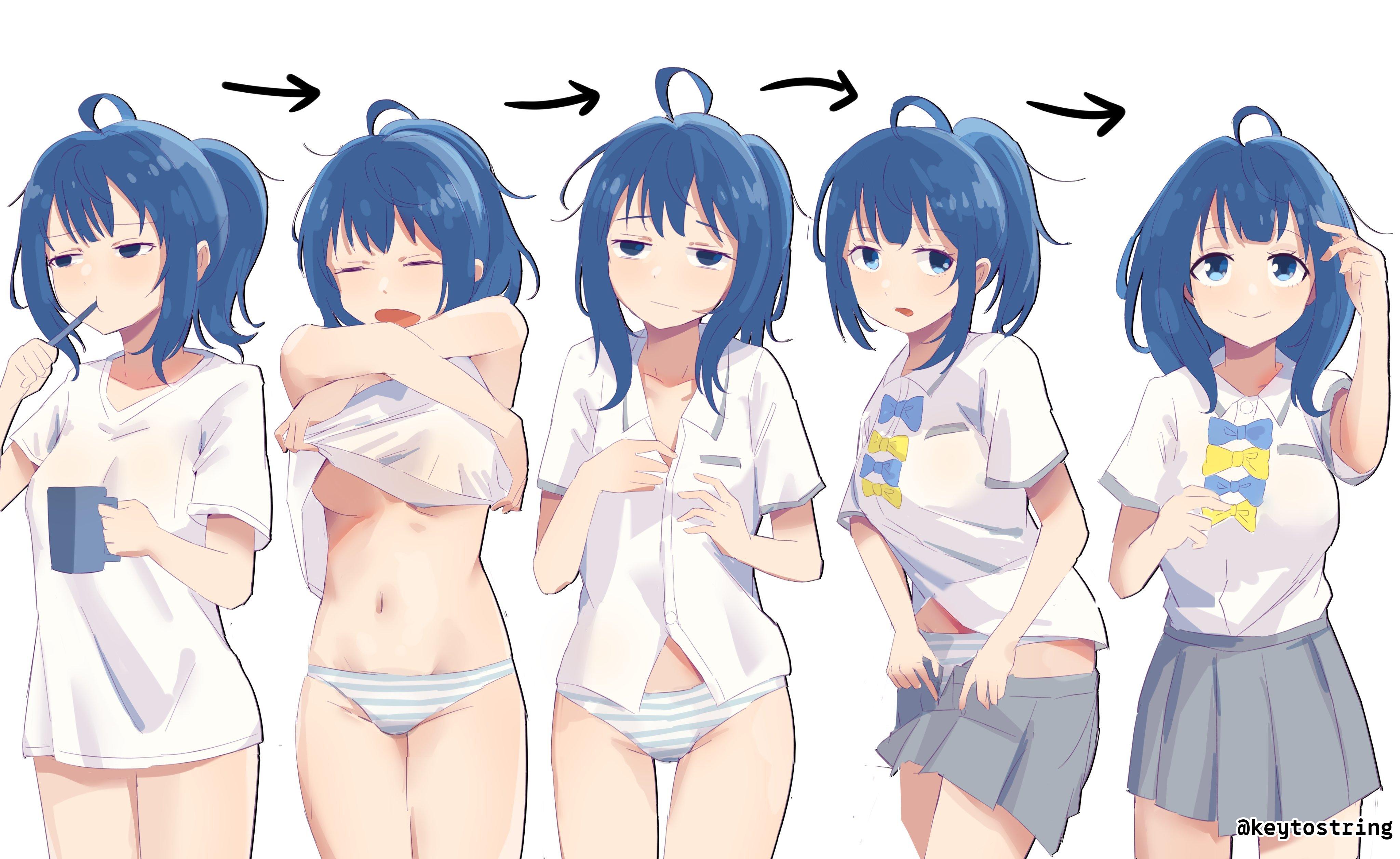 1girls, 2d, 2d (artwork), 2d artwork, a-1 pictures, ahoge, alternate hairstyle, anime, anime character, anime girl, armpits, asian, asian female, asian girl, asian woman, background, belly, belly button, big boobs, big breasts, blank background, blank expression, blank eyes, blank stare, blue bottomwear, blue eyes, blue hair, blue panties, blue underwear, blue-eyed female, blue-haired female, bored, bored expression, bottomwear, breasts, brushing teeth, busty, busty female, busty girl, busty teen, busty teenager, closed eyes, closed mouth smile, clothes, collarbone, color, colored, cowboy shot, digital, digital art, digital drawing, digital drawing (artwork), digital media, digital media (artwork), drawing, dressing, dressing up, elbows, emotionless, expressionless, expressionless face, eye-level view, eyes, facing viewer, fanart, female, female focus, female only, female protagonist, fingers, from front, front view, grey bottomwear, grey skirt, groin, heroine, high school student, hips, inframammary fold, inguinal crease, inguinal ligament, japanese, japanese female, japanese girl, japanese woman, knees out of frame, landscape, large boobs, large breasts, lean figure, leg out of frame, legs out of frame, light smile, long hair, looking at viewer, lower body out of frame, main character, make heroine ga oo sugiru!, manga character, midriff, monotone background, morning routine, narrow waist, navel, neutral expression, one color background, open mouth, panties, parted lips, plaid skirt, plain background, pleated skirt, ponytail, protagonist, school girl, schoolgirl, shirt, shoulders, sidelocks, skirt, slender body, slender waist, slight smile, slim female, slim waist, smile, smiley face, smiling, smiling at viewer, solid color background, solo, standing, striped bottomwear, striped panties, striped underwear, teen girl, teenage female, teenage girl, teenage tits, teenager, thick thighs, thigh gap, thighs, tied hair, tongue, top view, topwear, underboob, underwear, undressing, undressing self, upper body, voluptuous, white background, white bottomwear, white clothes, white panties, white shirt, white topwear, white underwear, yanami anna, young female, young woman