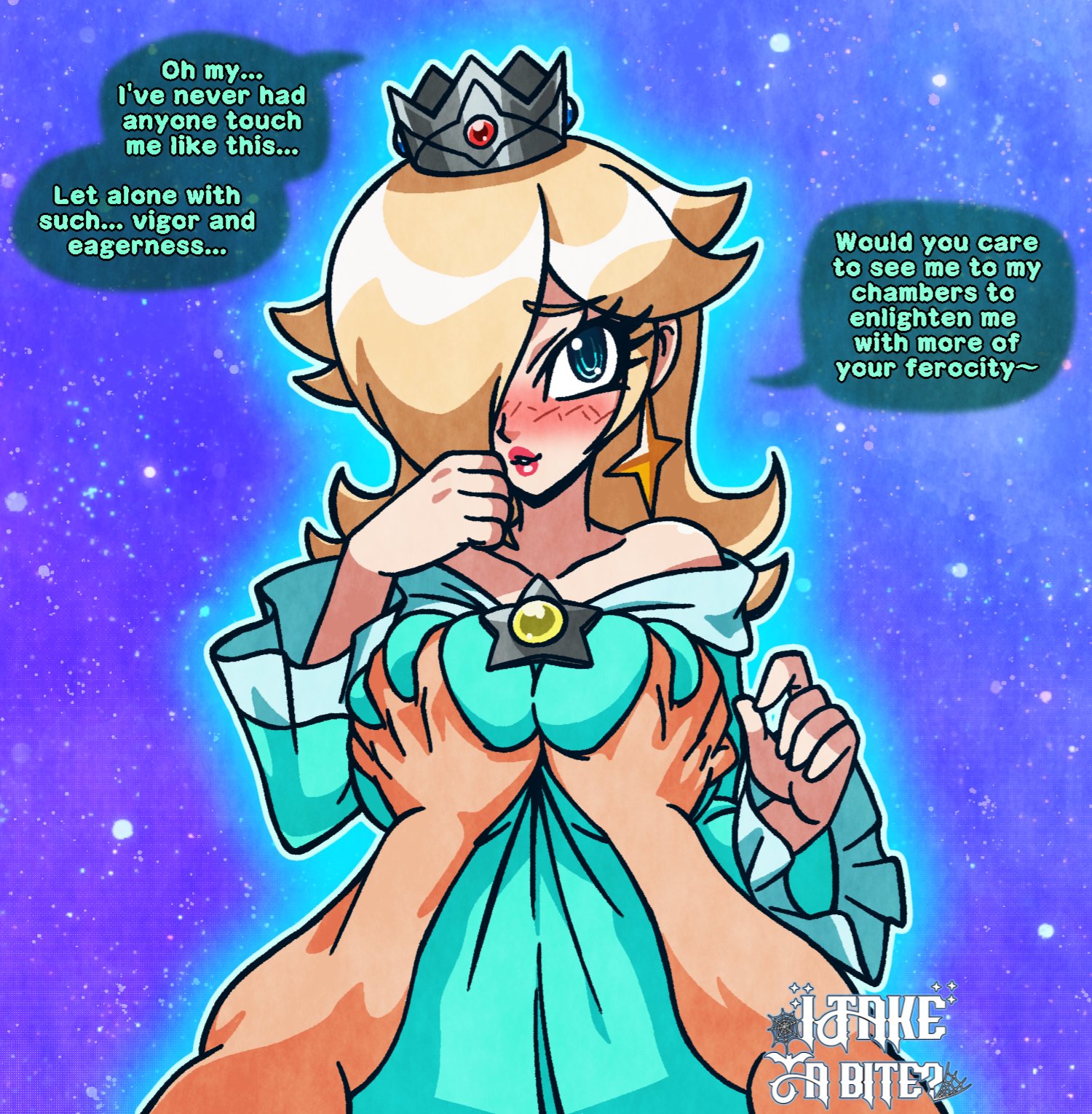 1boy, 1girls, blue dress, breast grab, breasts, clothed, clothing, crown, dress, duo, earrings, faceless male, female, female focus, grabbing breasts, hands on breasts, human, human only, itakeabite, light skin, light-skinned female, light-skinned male, male, male/female, mammal, mario (series), nintendo, princess, princess rosalina, royalty, straight, unseen male face, voluptuous, voluptuous female