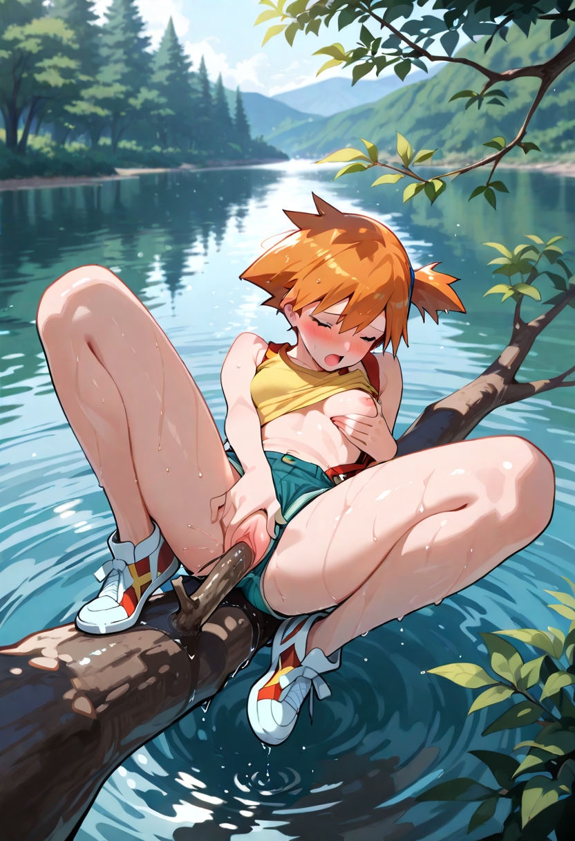 1girl, ai generated, blush, breasts, clitoris, closed eyes, clothes lift, clothing aside, cum, denim shorts, female masturbation, full body, grabbing own breast, greymaker, kasumi (pokemon), masturbating, masturbation, misty (pokemon), navel, nipples, no, no panties, open mouth, orange hair, pokemon, pussy, pussy juice, shirt, shirt lift, shorts, side ponytail, solo, spread legs, sweat, tongue, tongue out, tree, tree branch, uncensored, vaginal, wet