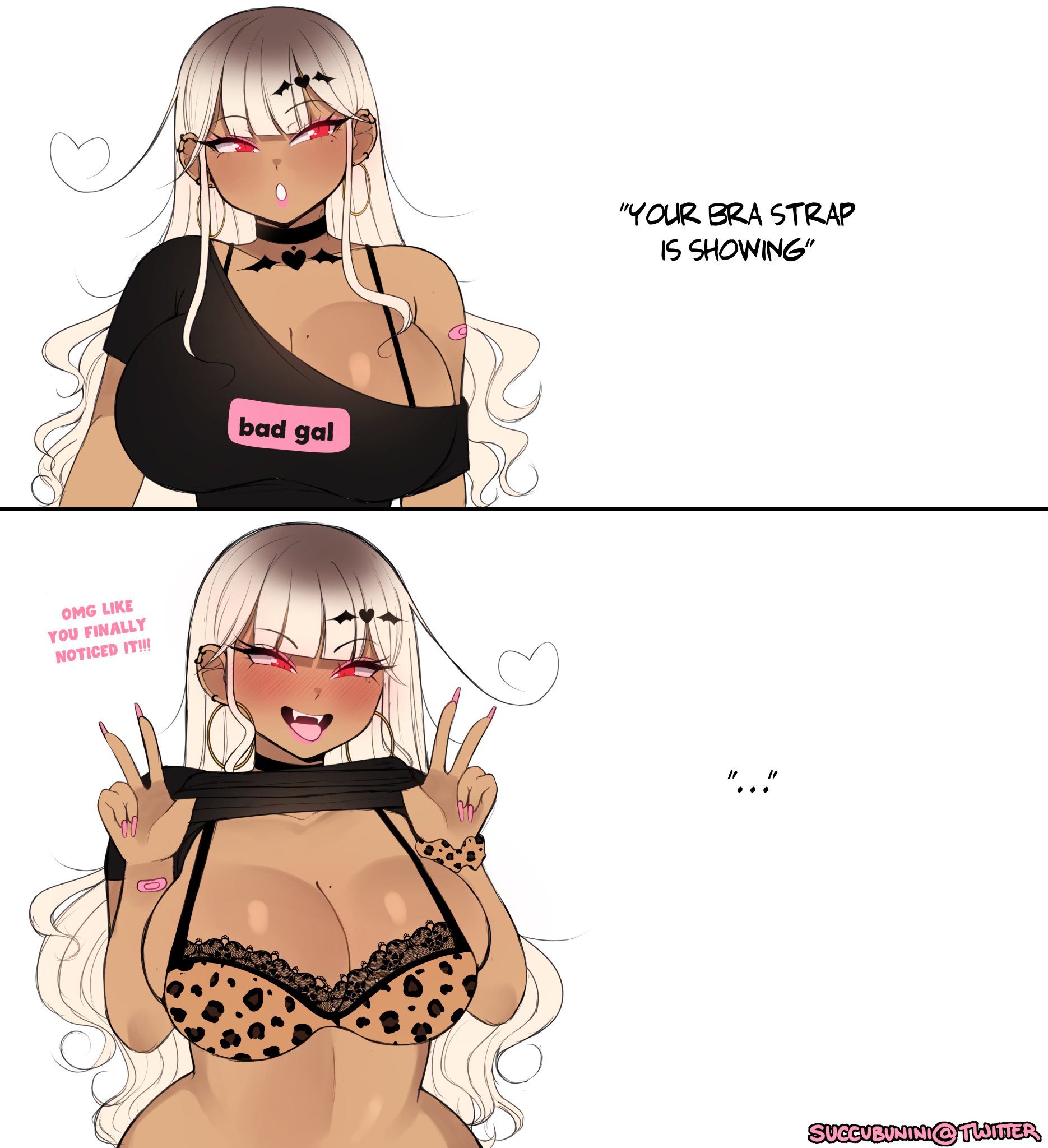 1girls, absurd res, big breasts, blonde hair, blush, bra strap is showing (meme), choker, cinnabus, cleavage, dark skin, dark-skinned female, english text, eyelashes, female, female only, gyaru, hime nini (succubunini), indie virtual youtuber, large breasts, leopard print, leopard print bra, long hair, meme, mole, mole on breast, mole under eye, original, pink lipstick, pink nail polish, red eyes, scrunchie, slit pupils, smiling, smiling at viewer, solo, speech bubble, strip game, succubunini, succubus, virtual youtuber, white background, wrist scrunchie