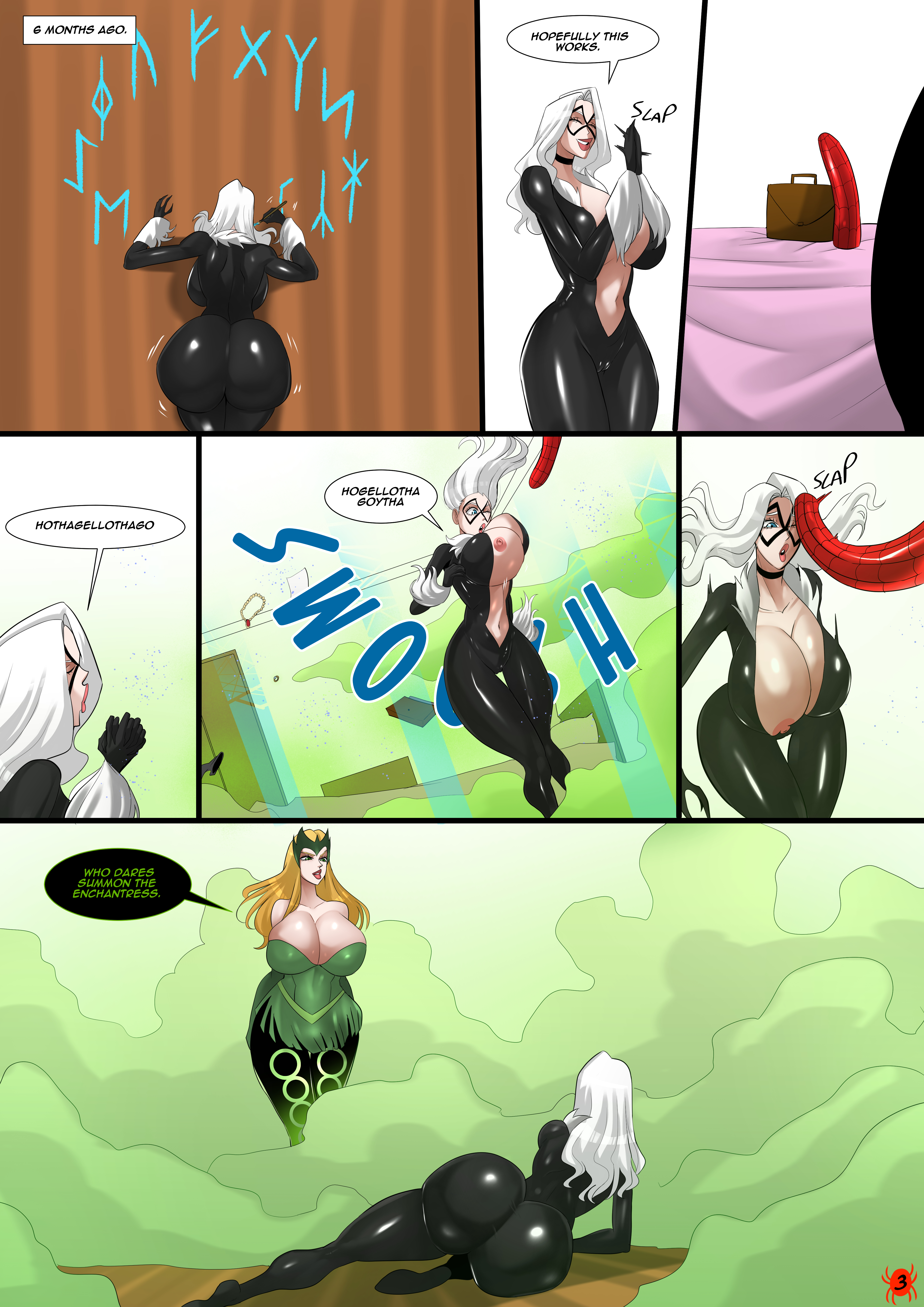 2girls, ass bigger than head, big ass, big breasts, bimbo body, black cat (marvel), blonde hair, bubble butt, comic, comic page, dildo, dumptruck ass, enchantress (amora), face slap, felicia hardy, female only, hourglass figure, marvel, marvel comics, pink nipples, seductive, seductive look, seductive pose, spider-man (series), venomarts00, voluptuous, voluptuous female, white hair, wide hips, zstorys22