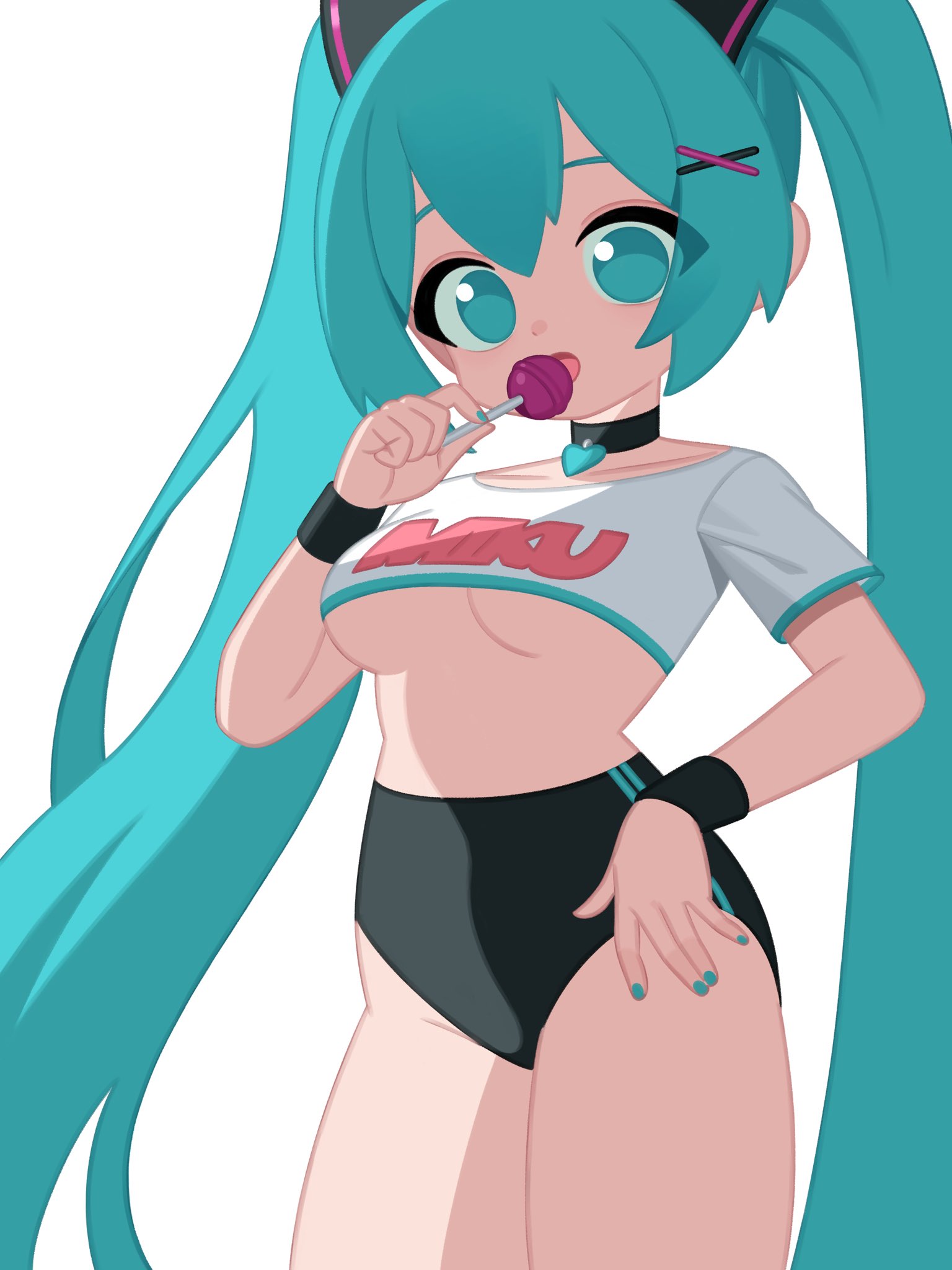 1girl, aqua eyes, aqua hair, aqua nails, bangs, black choker, breasts, candy, choker, clothes writing, cowboy shot, crop top, cropped shirt, female, food, hair ornament, hand on hip, happy, hatsune miku, heart, highres, hochihochiha, hochihochihavocaloid, holding, holding candy, holding food, holding lollipop, leotard, lollipop, lollipop in mouth, long hair, looking at viewer, medium breasts, nail polish, open mouth, shirt, short sleeves, simple background, solo, tongue, twintails, underboob, very long hair, white background, wristband, x hair ornament