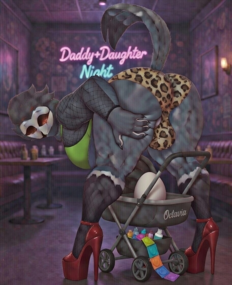 club egg high_heels neon_lights stolas_(helluva_boss) stroller