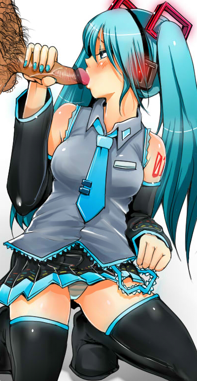 blowjob blush censored detached_sleeves fellatio green_hair hatsune_miku headphones holding_penis long_hair nail_polish nakasone_haiji necktie oral panties penis pubic_hair sex simple_background skirt striped striped_panties thighhighs tied_hair twintails underwear unseen_male_face vocaloid white_background zettai_ryouiki