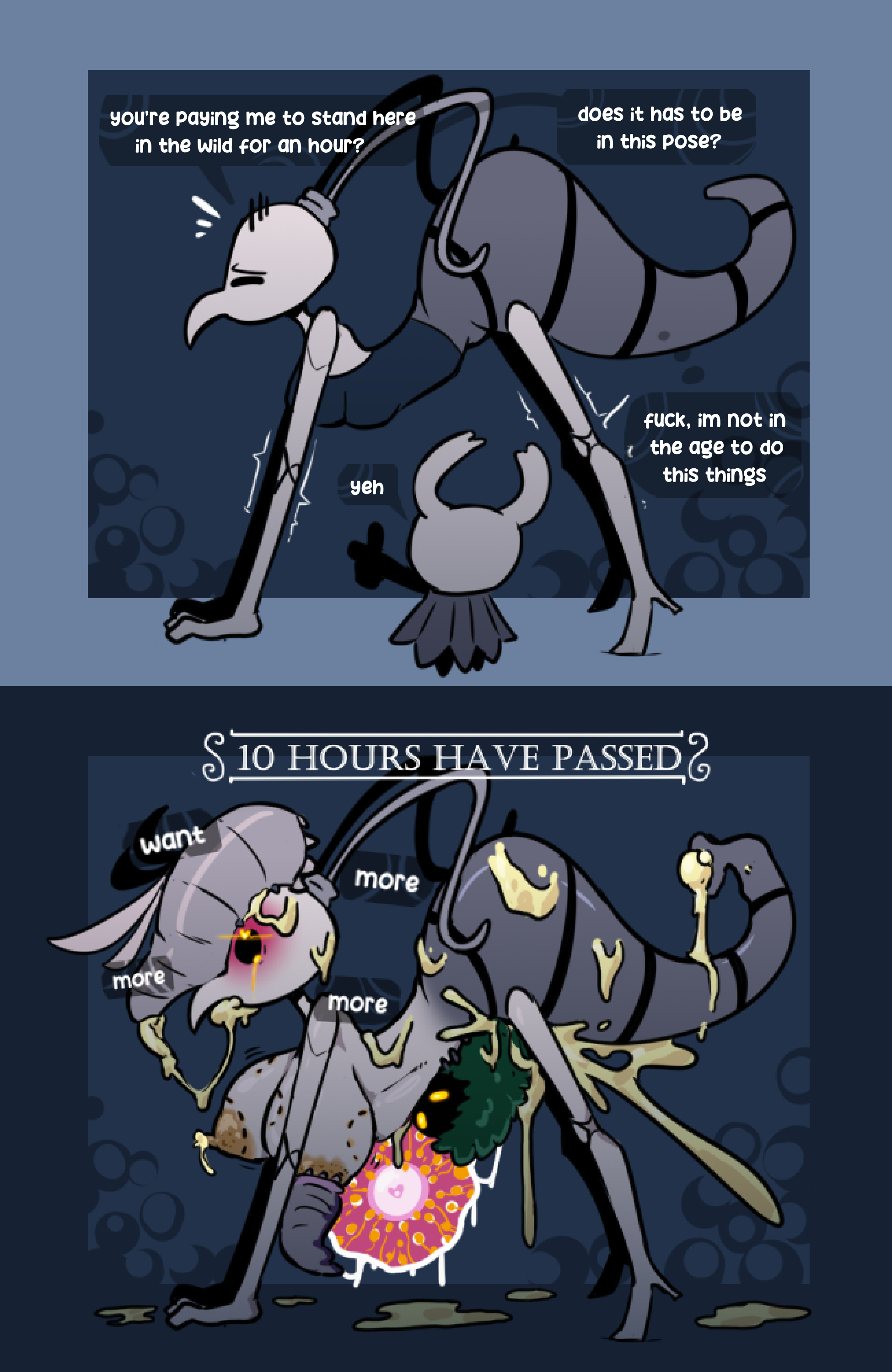 algob4v, breast expansion, breast sucking, breasts out, cum, cum inside, hollow knight, impregnation, insects, iselda (hollow knight), mind break, older female, the knight (hollow knight)