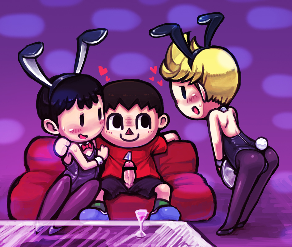 3boys animal_crossing animal_crossing_boy black_eyes black_hair blonde_hair bunnysuit earthbound femboy gay lucas male_only mother_3 ness senri strip_club villager_(animal_crossing)