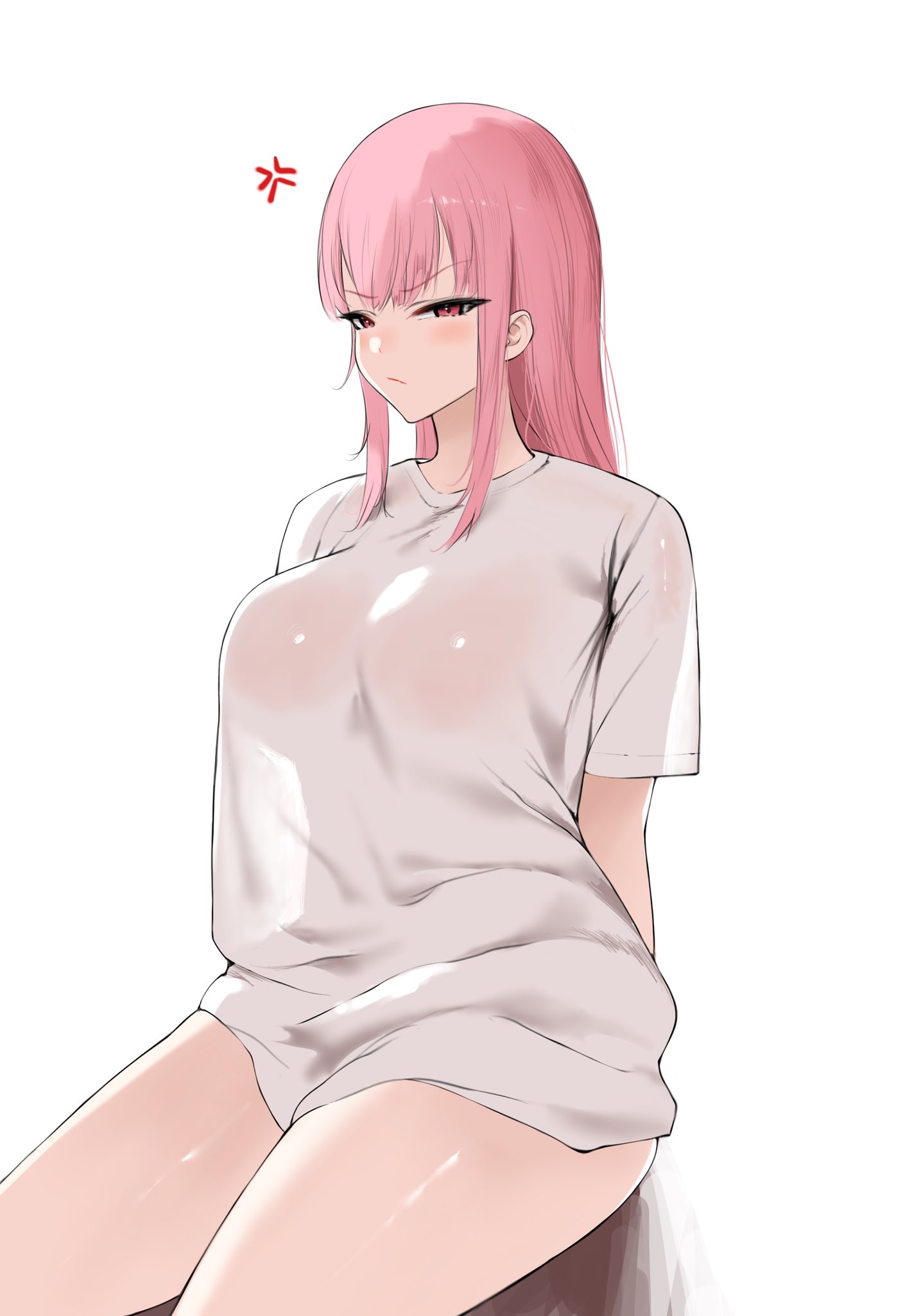 anger vein, breasts, closed mouth, female, hashtag-only commentary, highres, hololive, hololive english, hololive myth, large breasts, looking at viewer, mori calliope, mulhubs, pink eyes, pink hair, sidelocks, simple background, solo, virtual youtuber, white background