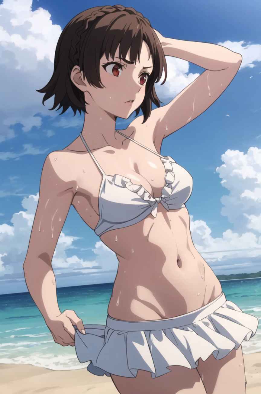 ai_generated athletic_female makoto_niijima persona persona_5 swimsuit wet_body white_swimsuit