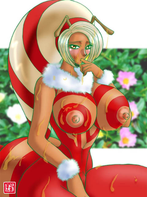 1girls antenna antennae bee_girl blush breasts dark_skin female foxy_(kof) honey king_of_fighters koguma_pierre large_breasts monster_girl multicolored_hair nipples open_mouth snk two_tone_hair wet white_hair