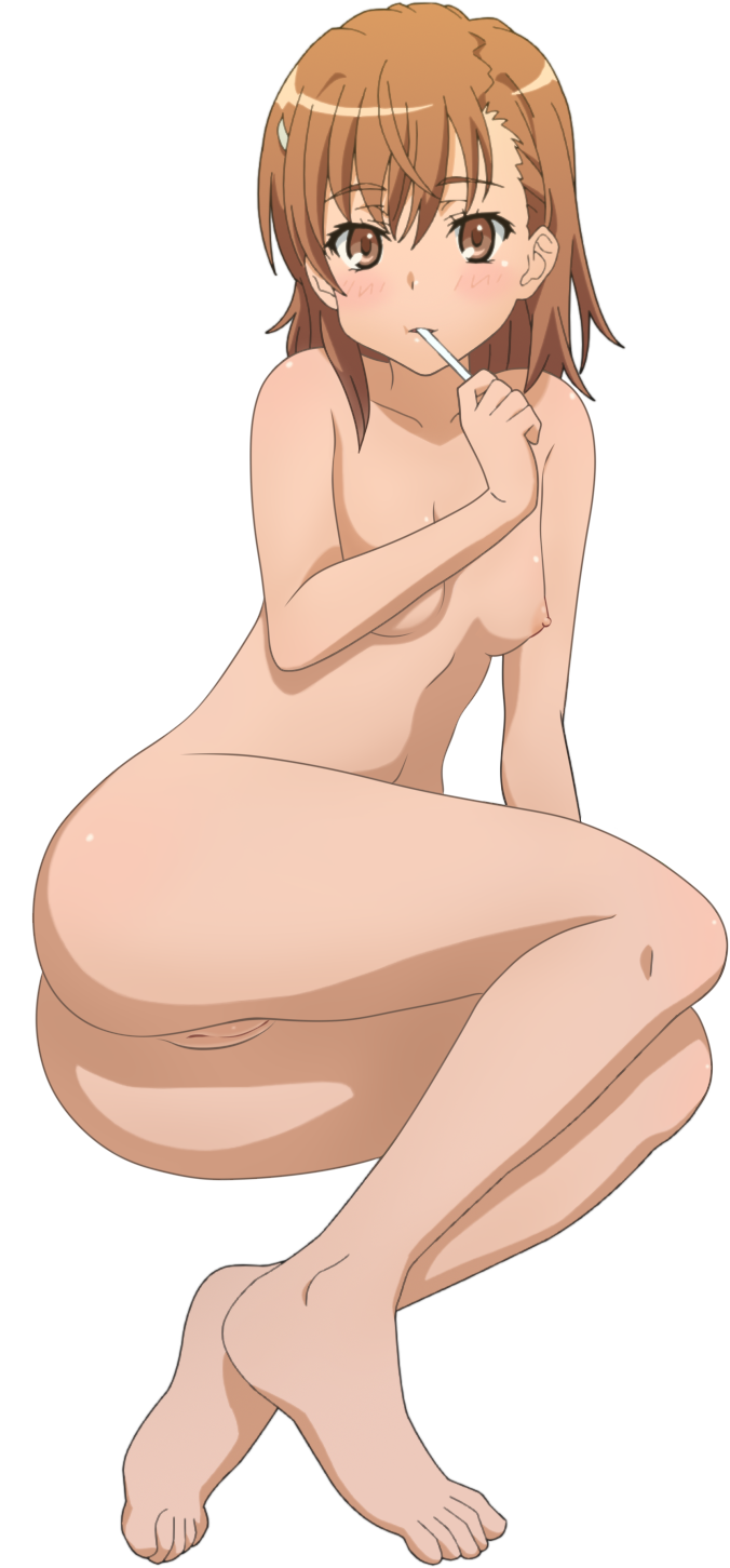 2025 ass bare_legs bare_shoulders barefoot blush breasts brown_eyes brown_hair candy collarbone completely_nude female food full_body hair_ornament hairclip highres legs lollipop looking_at_viewer lying misaka_mikoto navel nipples nude on_side parted_lips pussy short_hair small_breasts solo stomach sweetie_belle_(artist) toaru_kagaku_no_railgun toaru_majutsu_no_index toes transparent_background