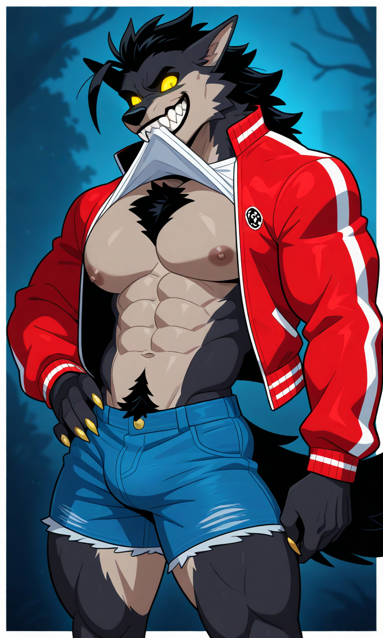 ai_generated bulge_through_clothing claws clothed clothed_male creepy furry_male furry_only glowing_eyes hairy_male hand_on_hip huge_pecs jock male_focus male_only monster muscular nipples pectorals scary sharp_teeth shirt_in_mouth solo_anthro solo_male werewolf