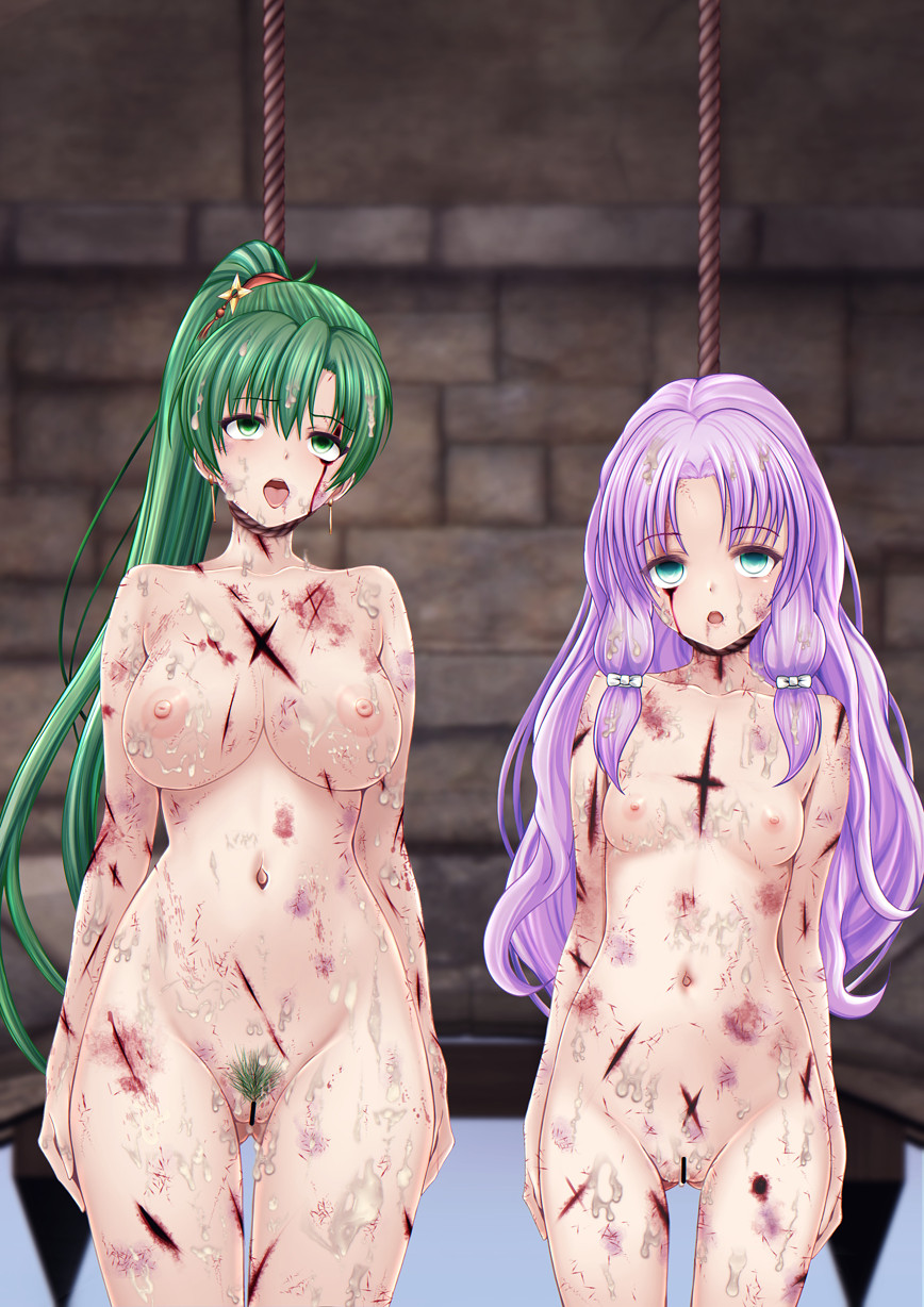 2girls after_rape aqua_eyes ass_visible_through_thighs bar_censor blood breasts bruise censored completely_nude corpse cum cum_on_body cum_on_breasts cuts empty_eyes ero_guro execution female_pubic_hair fire_emblem fire_emblem:_the_blazing_blade florina_(fire_emblem) florina_(ninja)_(fire_emblem) green_eyes green_hair guro hanged highres injury large_breasts long_hair lyn_(fire_emblem) lyn_(ninja)_(fire_emblem) multiple_girls ninja nipples not_a_chan nude open_mouth ponytail pubic_hair purple_hair pussy small_breasts tongue tongue_out