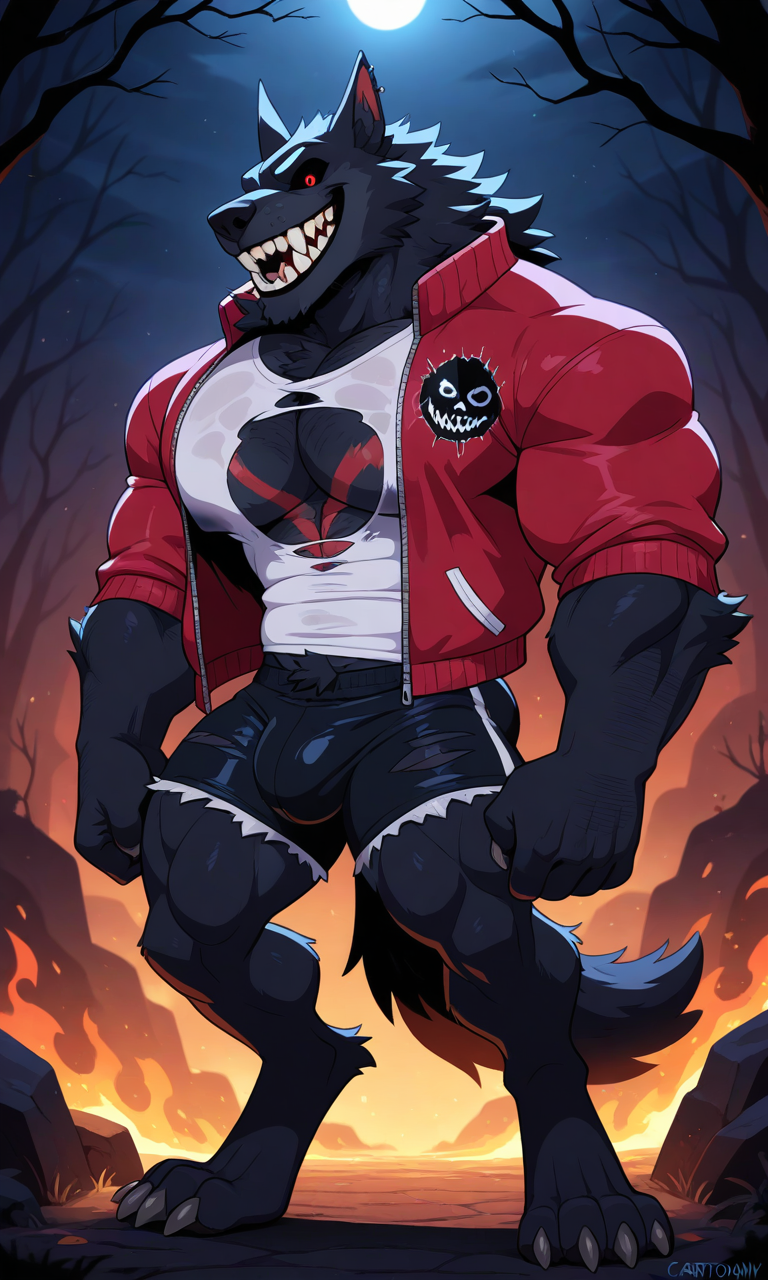 ai_generated bulge_in_shorts bulge_through_clothing claws clothed clothed_male creepy furry_male furry_only glowing_eyes hairy_male huge_pecs jock male_focus male_only monster muscular nipple_bulge nipples pectorals scary sharp_teeth shirt_in_mouth solo_anthro solo_male sweaty werewolf