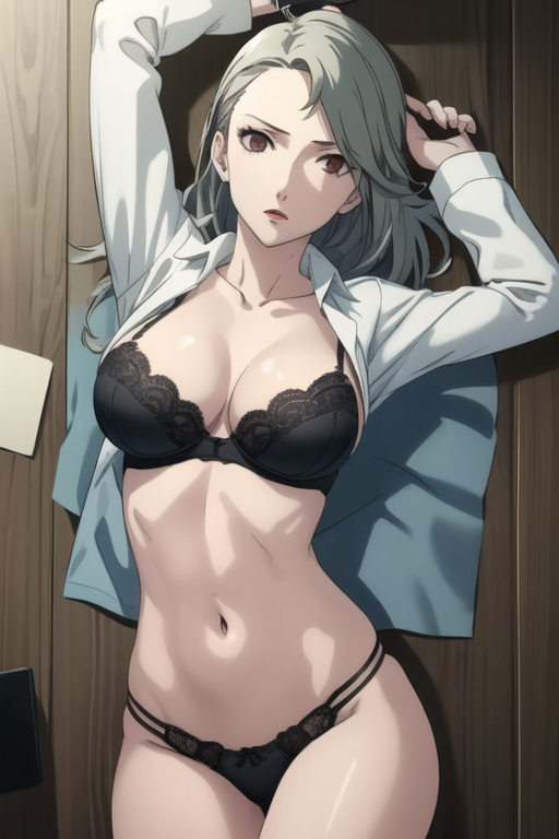 ai_generated athletic_female bra cleavage desk lingerie open_shirt persona persona_5 presenting sae_niijima submissive thong undressed