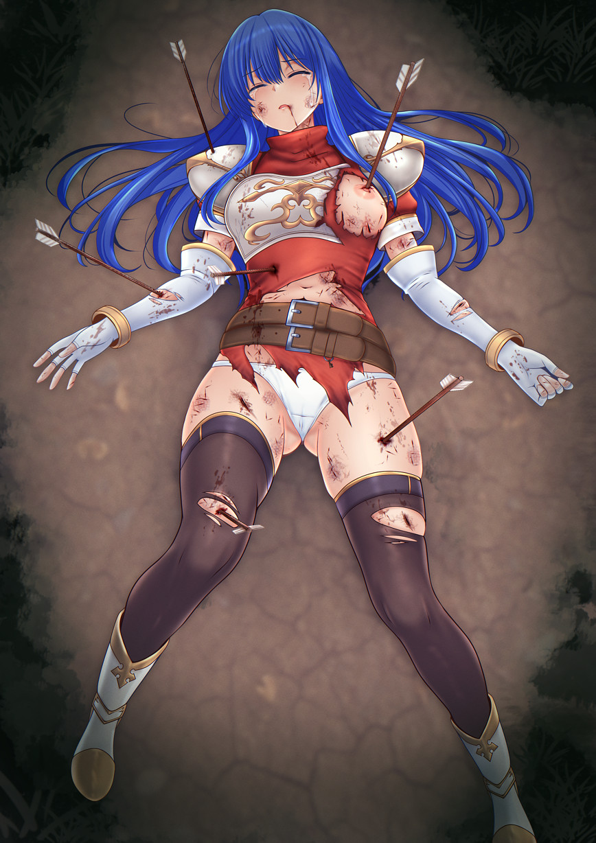 armor arrow_(projectile) arrow_in_body ass_visible_through_thighs black_thighhighs blood blue_hair breastplate breasts broken_armor bruise caeda_(fire_emblem) corpse cuts defeat elbow_gloves ero_guro female fingerless_gloves fire_emblem fire_emblem:_shadow_dragon_and_the_blade_of_light gloves guro highres injury lying medium_breasts nipples not_a_chan on_back one_breast_out panties red_tunic solo tears thighhighs torn_clothes tunic underwear white_gloves white_panties