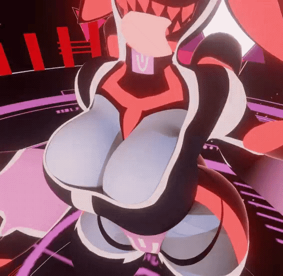 3d animated animated_gif big_ass big_breasts big_hands bouncing_breasts clothed dancing derezz_(lusterblaze) female gif happy long_tongue lusterblaze no_sound pointy_ears robot robot_girl screen_face sharp_teeth swaying_breasts swinging_breasts tail thick_thighs tongue_out