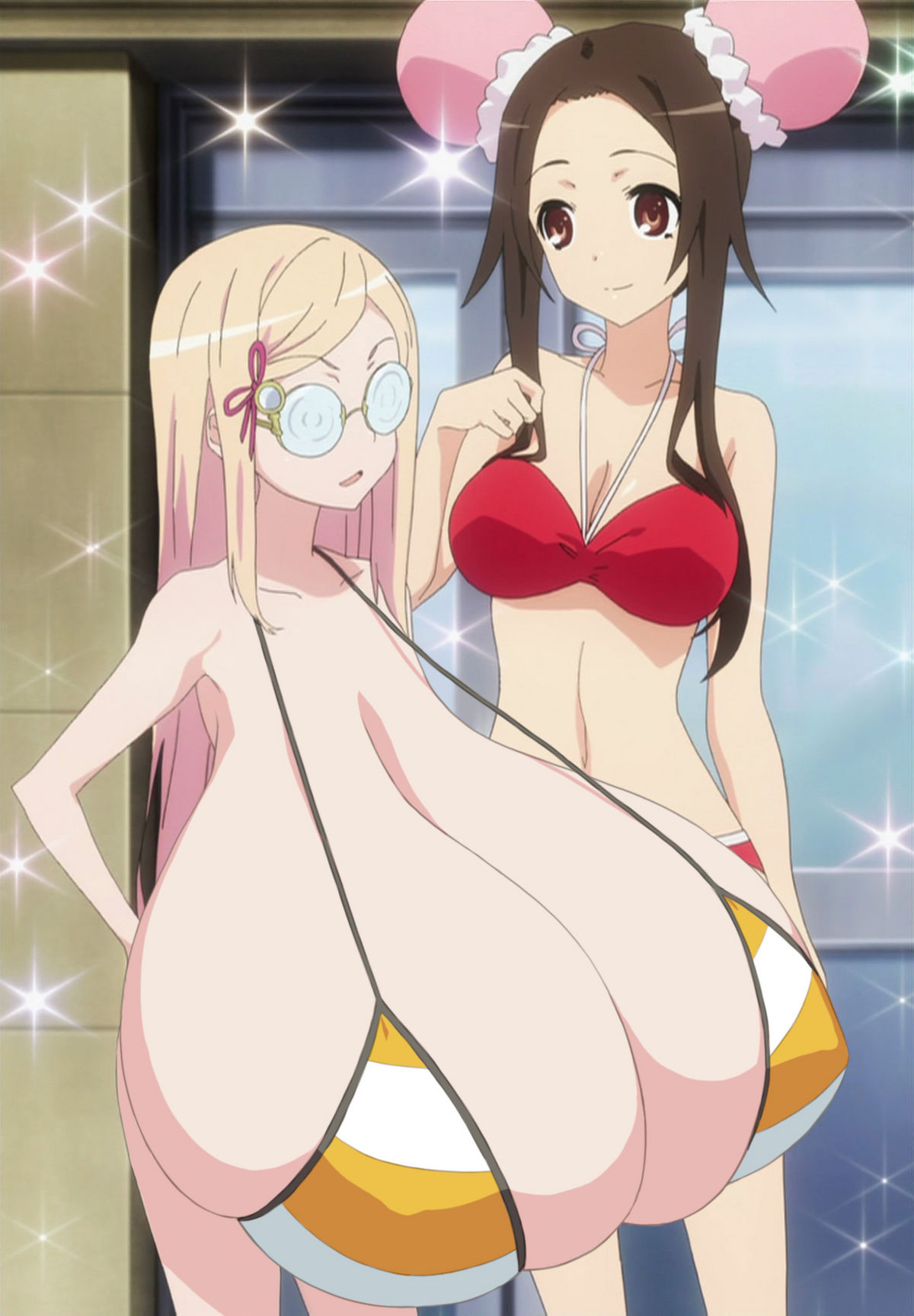 artist_request bikini blonde_hair breasts brown_eyes brown_hair gigantic_breasts glasses highres large_breasts majolica_le_fay ookami-san ookami-san_to_shichinin_no_nakamatachi photoshop swimsuit tsurugaya_otsuu