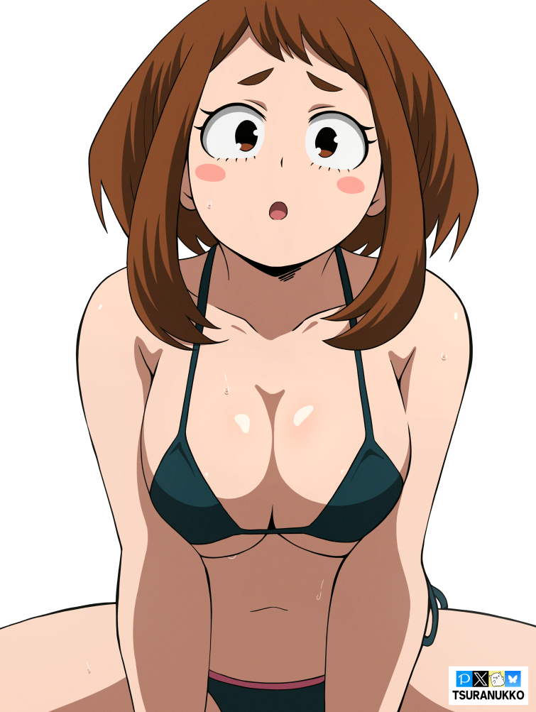 1girls ass big_ass big_breasts bikini blush breasts brown_eyes brown_hair female female_focus female_only large_breasts looking_at_viewer my_hero_academia navel ochako_uraraka open_mouth solo solo_female solo_focus sweat swimsuit thick_thighs trembling tsuranukko watermark