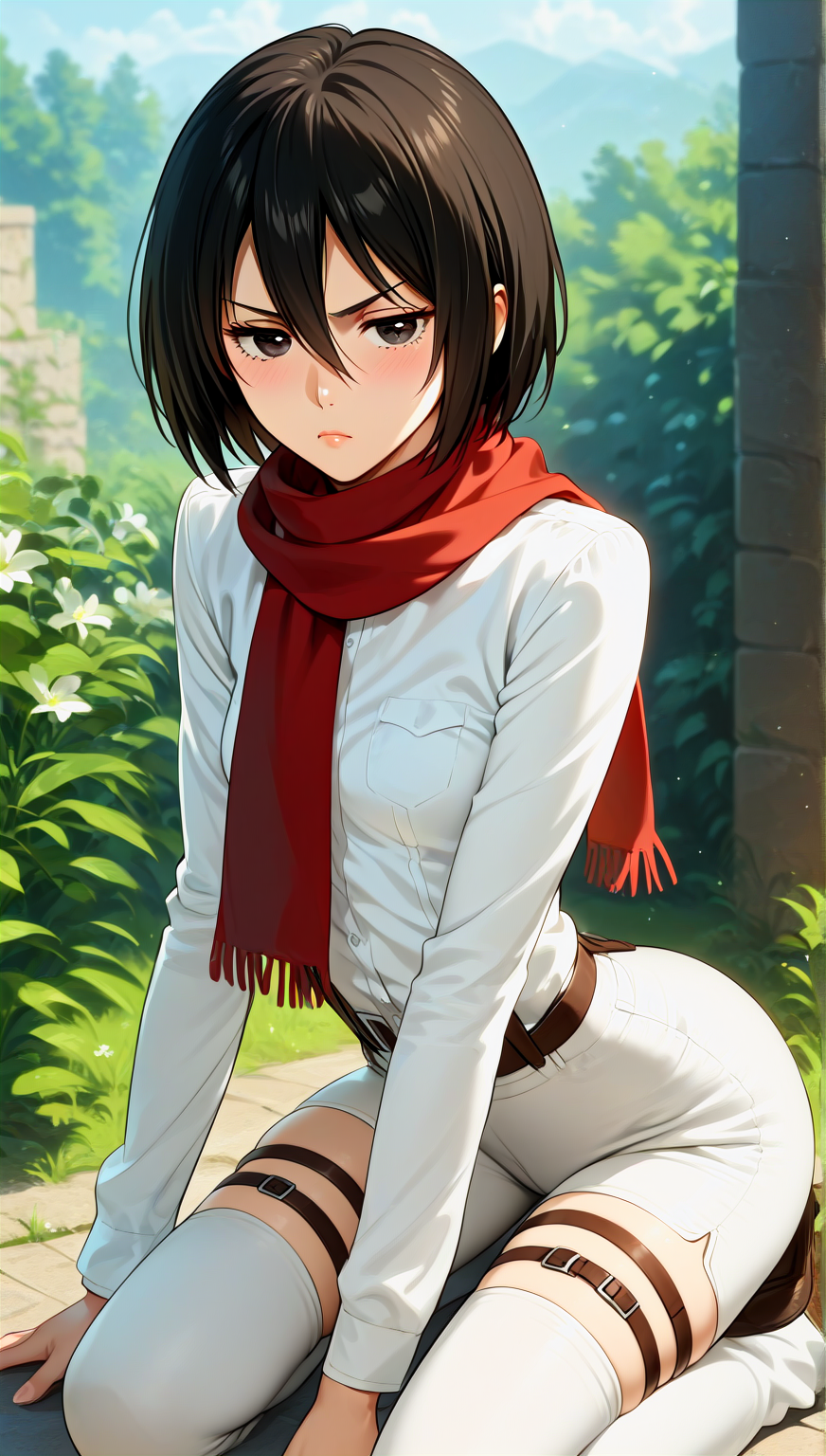 ai_generated attack_on_titan kneeling mikasa_ackerman perfect_body scarf teenage_girl