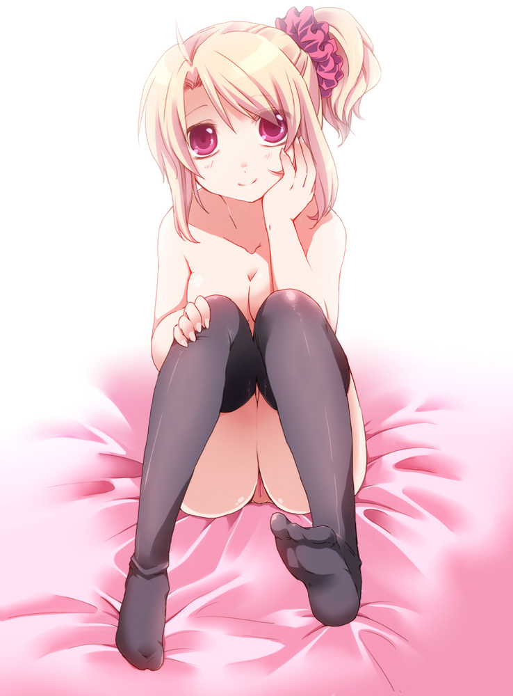 1girls blonde_hair breasts face feet female nude original pussy red_eyes shinolion short_hair side_ponytail sitting solo thighhighs uncensored