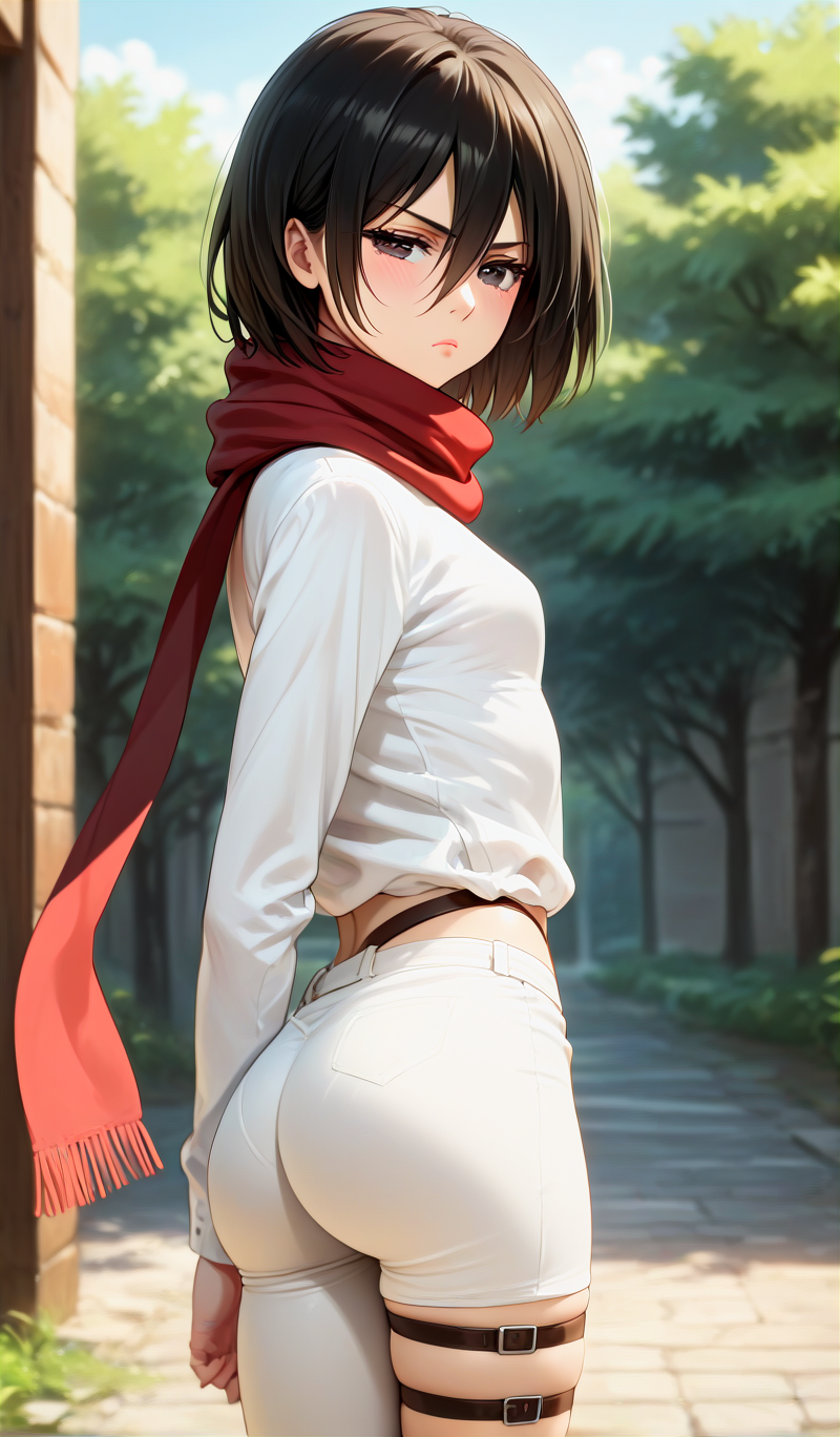 ai_generated ass attack_on_titan brown_hair mikasa_ackerman perfect_body scarf teenage_girl trees