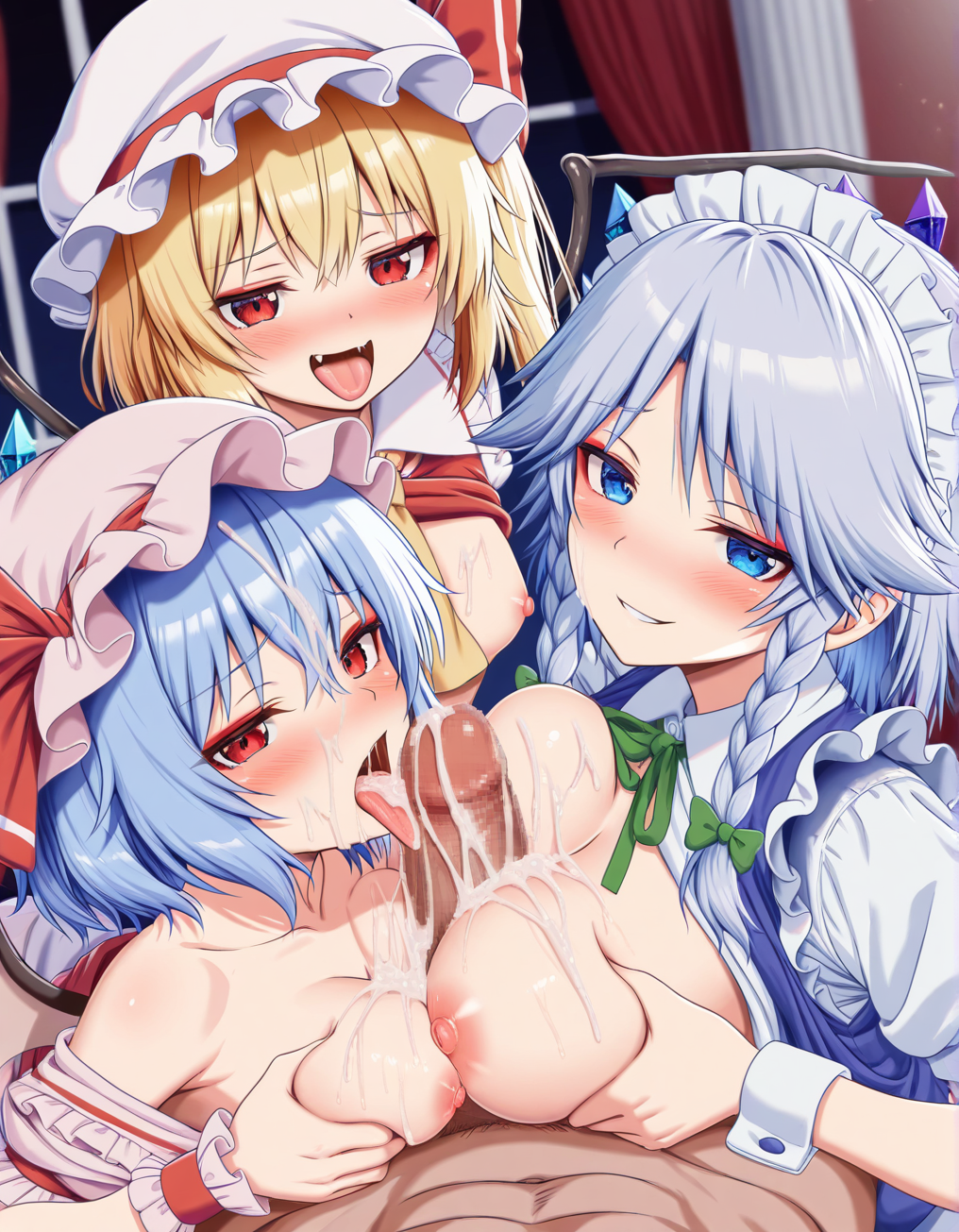 3girls 3girls1boy ai_generated bangs bare_shoulders bat_wings blonde_hair blue_dress blue_eyes blue_hair blush boobjob bow braid breasts breasts_out crystal cum cum_in_mouth cum_on_body cum_on_breasts cum_on_face cum_on_tongue dress eyebrows_visible_through_hair eyeshadow facial fffm_foursome flandre_scarlet foursome frills group group_sex hair_between_eyes hat hat_ribbon headwear licking licking_penis light_blue_hair light_purple_hair long_hair looking_at_viewer maid maid_dress maid_headdress maid_uniform medium_breasts neckwear nipples open_mouth oral paizuri penis_between_breasts pink_dress pov pov_crotch purple_hair red_dress red_eyes red_eyeshadow remilia_scarlet sakuya_izayoi shirt short_hair siblings silver_hair sisters small_breasts smile susus_bakus titjob tongue tongue_out touhou vampire vampire_girl wings yellow_hair