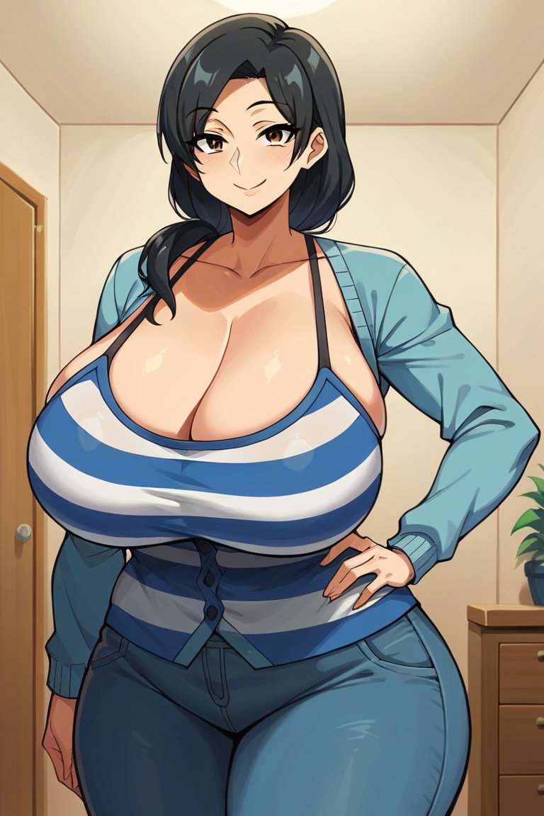 1girls ai_generated black_hair breasts_bigger_than_head busty female_focus hajimete_no_hitozuma massive_breasts mature_female milf mother tomoko_(hajimete_no_hitozuma) voluptuous voluptuous_female