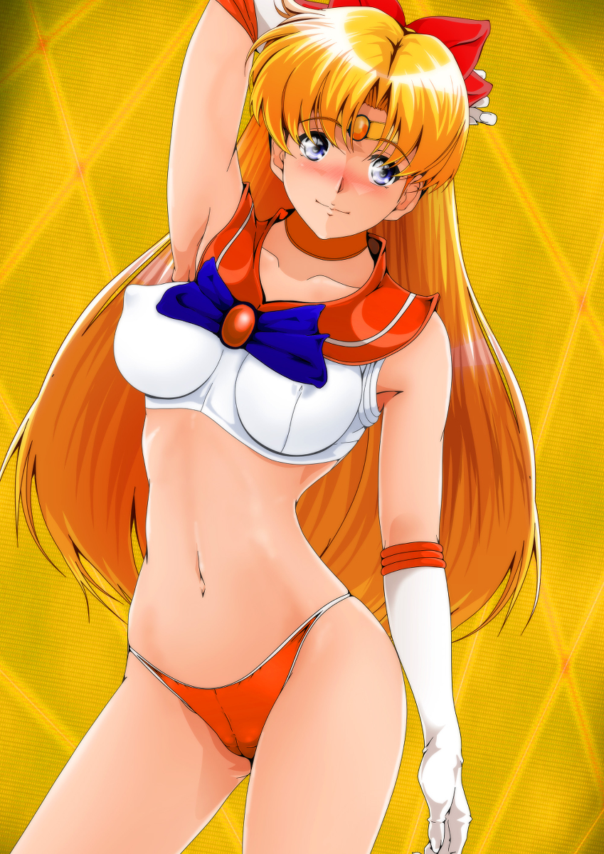 1girls aino_minako alluring bishoujo_senshi_sailor_moon blonde_hair blue_eyes blush bow breasts covered_erect_nipples crop_top gloves highres long_hair magical_girl medium_breasts minako_aino nanashi_noiji panties red_bow sailor_venus sleeveless solo underwear