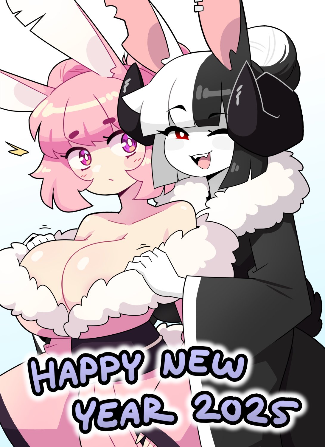 2girls big_breasts black_hair blush bunny_ears bunny_girl cleavage english_text fangs female female_only happy_new_year hi_res horns j5daigada looking_at_viewer new_year new_year_2025 ninnin_(daigada) open_mouth original original_character pink_hair purple_eyes red_eyes smiling smiling_at_viewer text tied_hair two_tone_hair white_hair wink winking_at_viewer