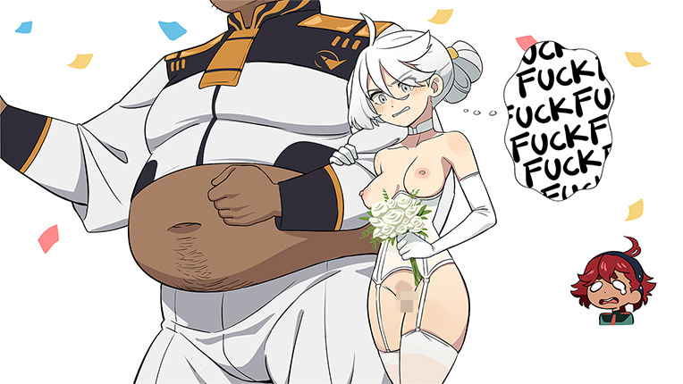 bad end, breasts, censored, cheating, cheating wife, dark-skinned male, fat male, functionally nude, garter straps, gloves, gundam, gundam suisei no majo, lesbian with male, male, mangamaster, married couple, miorine rembran, mosaic censoring, netorare, ntr, orientation play, suletta mercury, thought bubble, unseen male face, wedding dress, wedding lingerie, white hair