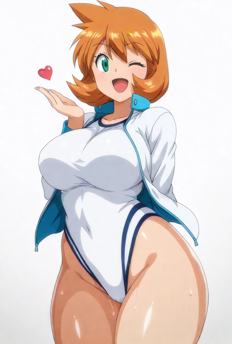 ai_generated bangs blush breasts cameltoe closed_mouth clothing competition_swimsuit covered_navel curvaceous female female female_only green_eyes gym_leader highleg highleg_swimsuit huge_breasts jacket kasumi_(pokemon) kasumi_(pokemon) large_breasts legs long_sleeves looking_at_viewer misty_(pokemon_hgss) navel one-piece_swimsuit open_clothes open_jacket orange_hair pokemon pokemon_character pokemon_gsc pokemon_hgss shiny_hair shiny_skin shirt short_hair smile solo standing swimsuit tank_suit thick_thighs thighs wet white_jacket white_one-piece_swimsuit white_swimsuit wide_hips