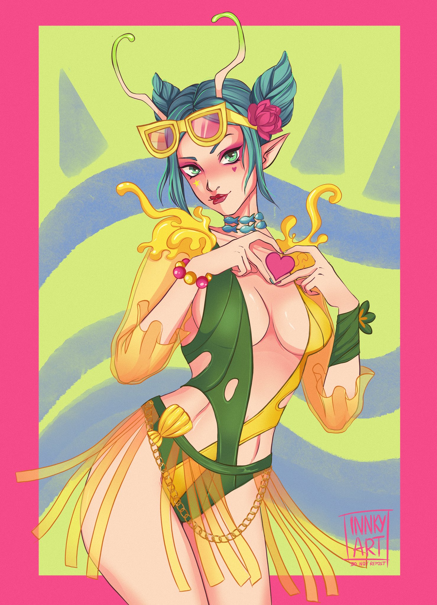 1girls, breasts, female, green eyes, green hair, green swimsuit, guardians of the galaxy, heart hands, innkyart, mantis (marvel rivals), mantis (marvel), mantis (oceanic harmony), marvel, marvel comics, marvel rivals, swimsuit