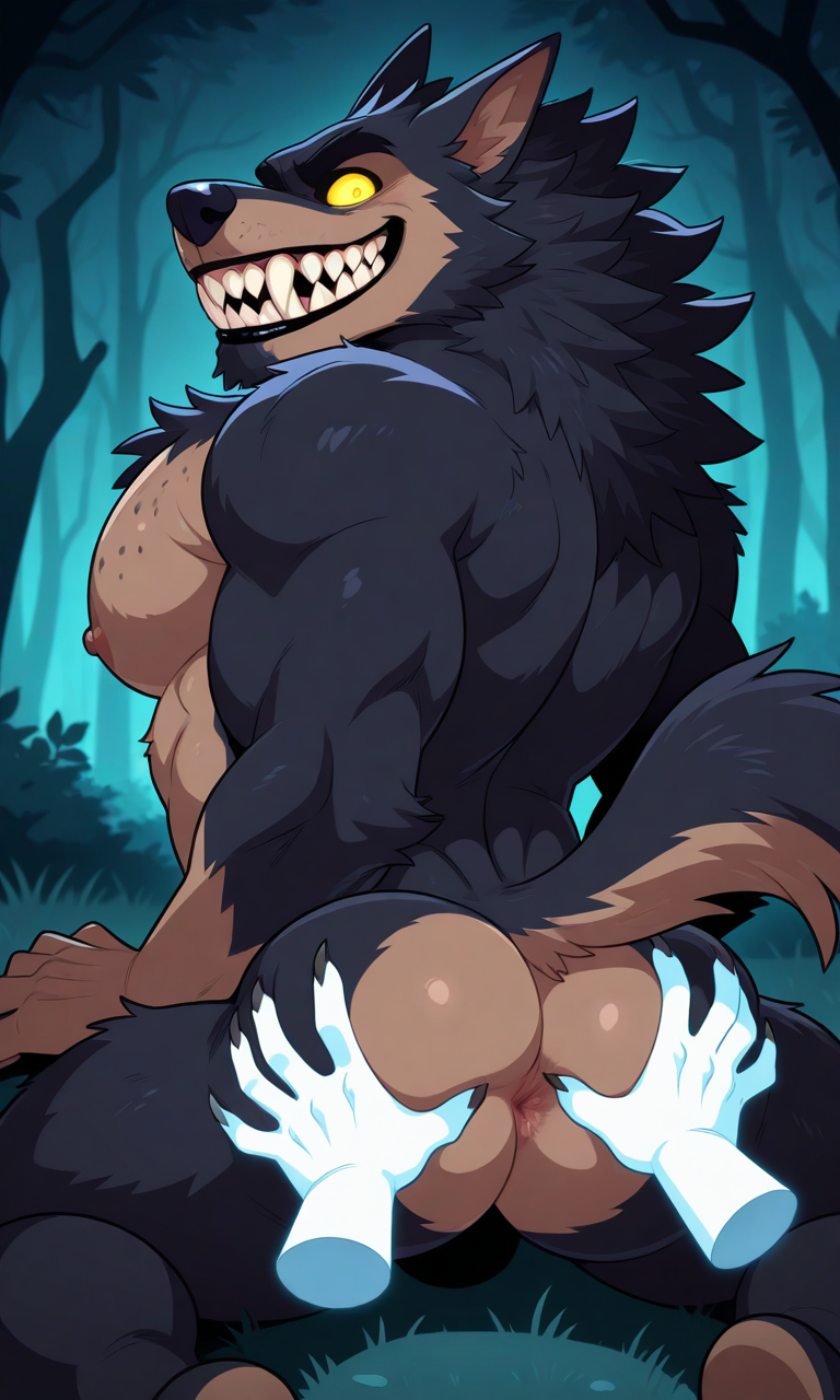 ai_generated ass_focus ass_grab ass_squeeze asshole claws creepy disembodied_hand disembodied_hands feeling_up furry_male furry_only glowing_eyes hairy_male huge_pecs leaning_forward looking_at_viewer looking_back male_focus male_only monster muscular nipple on_all_fours pectorals scary sharp_teeth smiling smiling_at_viewer solo_anthro solo_male spreading_ass spreading_butt_cheeks spreading_cheeks tail tight_anus werewolf