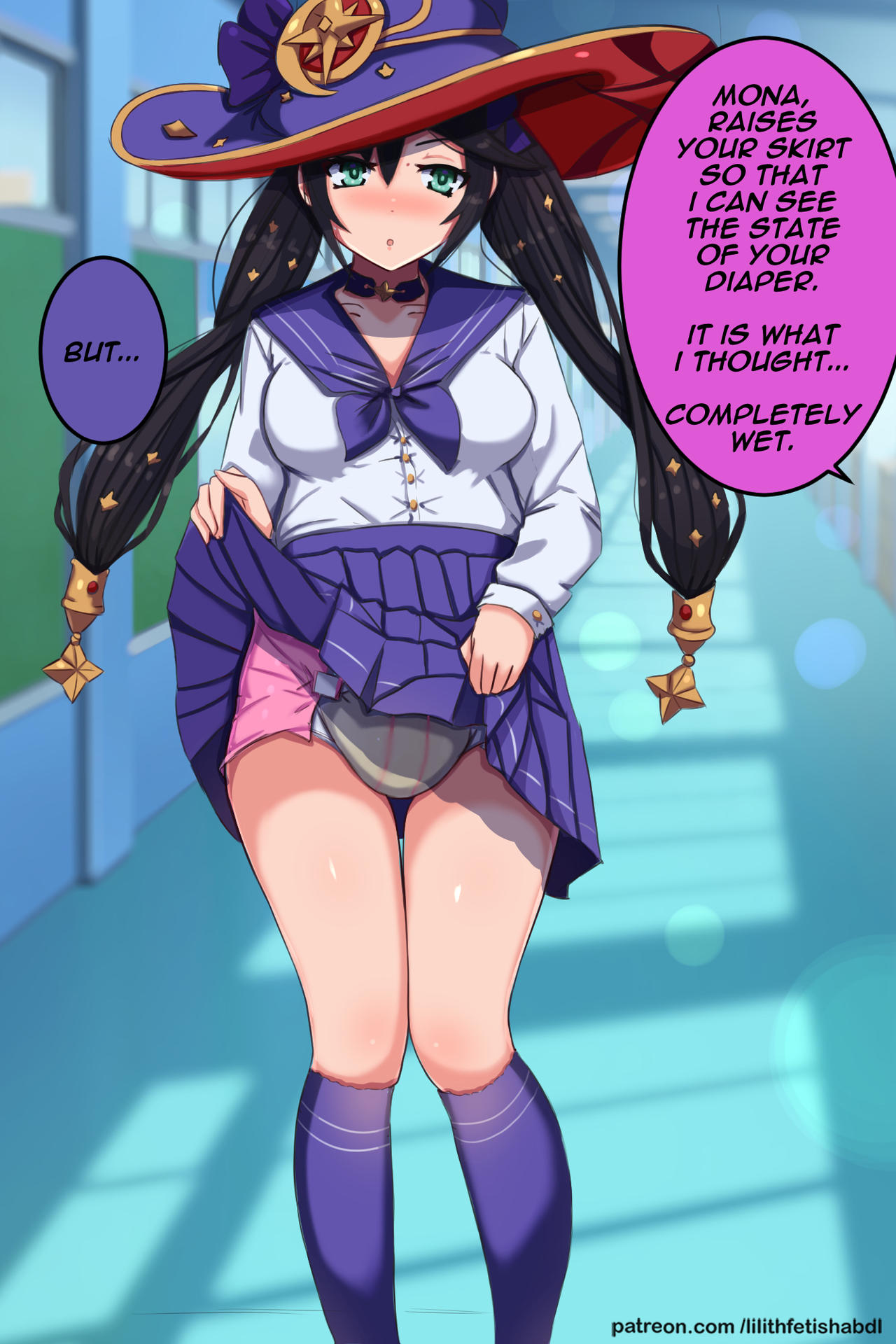 abdl diaper mona_(genshin_impact) skirt_lift wet_diaper