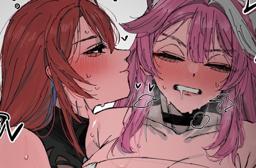 carrot 011, drool, drool string, elizabeth rose bloodflame, female, hololive, hololive english, hololive english -justice-, implied vaginal, kissing, lesbian kiss, long hair, pink hair, pussy, raora panthera, red hair, virtual youtuber, vtuber, yuri